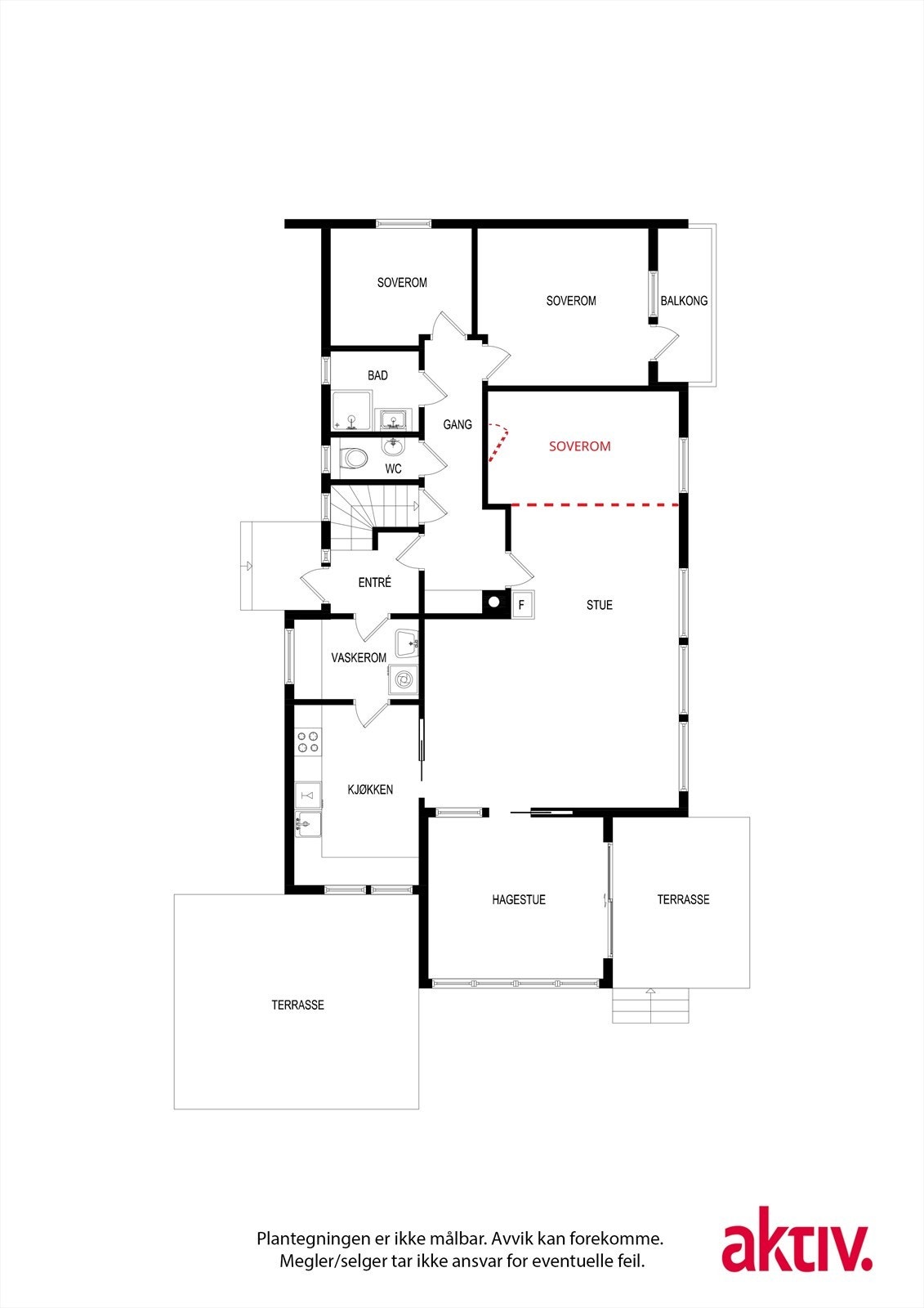 Soverom 3 - Mulig soverom illustrert med rødt, i tråd med opprinnelige byggetegninger. Galleribilde