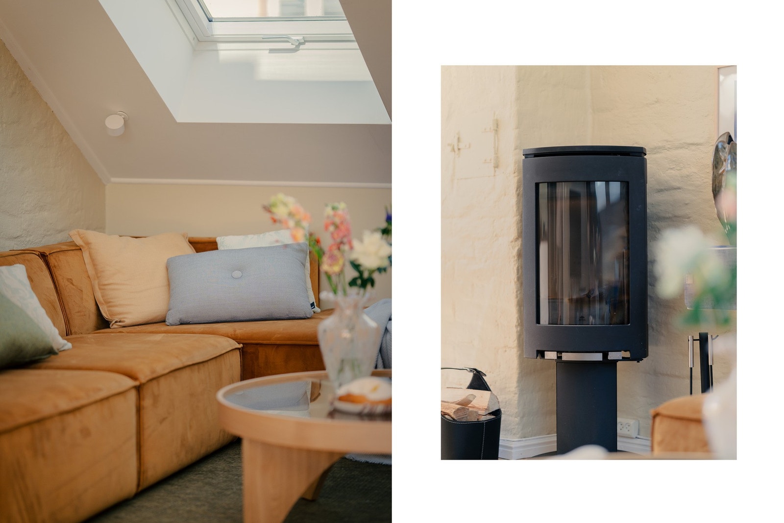 En pen og moderne vedovn er plassert mellom stue og kjøkken og gir lun varme og ekstra hyggefaktor. Galleribilde