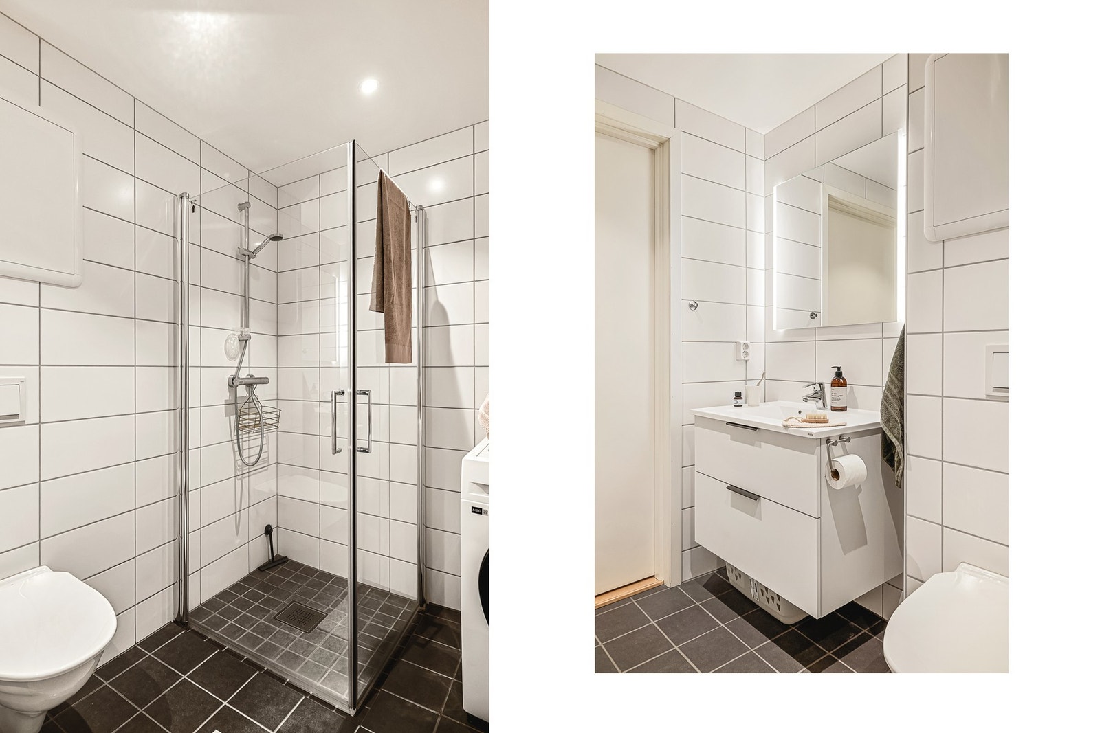 Badet inneholder innredning med servant, toalett, dusjhjørne, speil og belysning Galleribilde