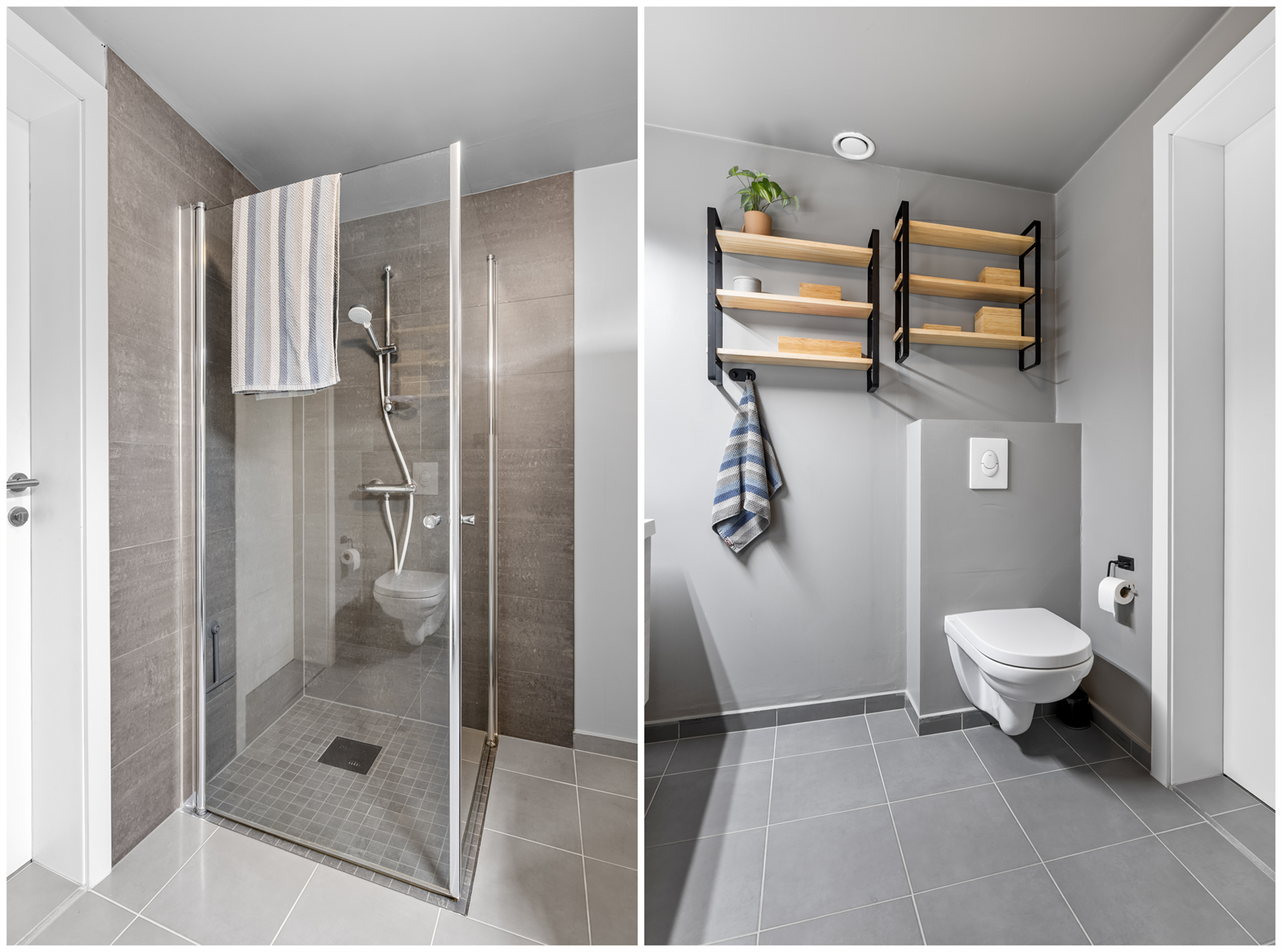 Ellers finner du dusjhørne, vegghengt toalett og opplegg for vaskemaskin/tørketrommel. Galleribilde