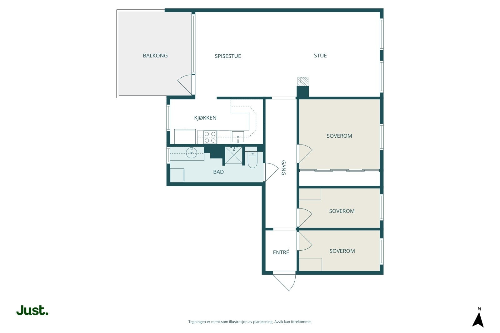 Praktisk planøsning med tre soverom, separat kjøkken, romslig stue og spisestue med utgang til balkong