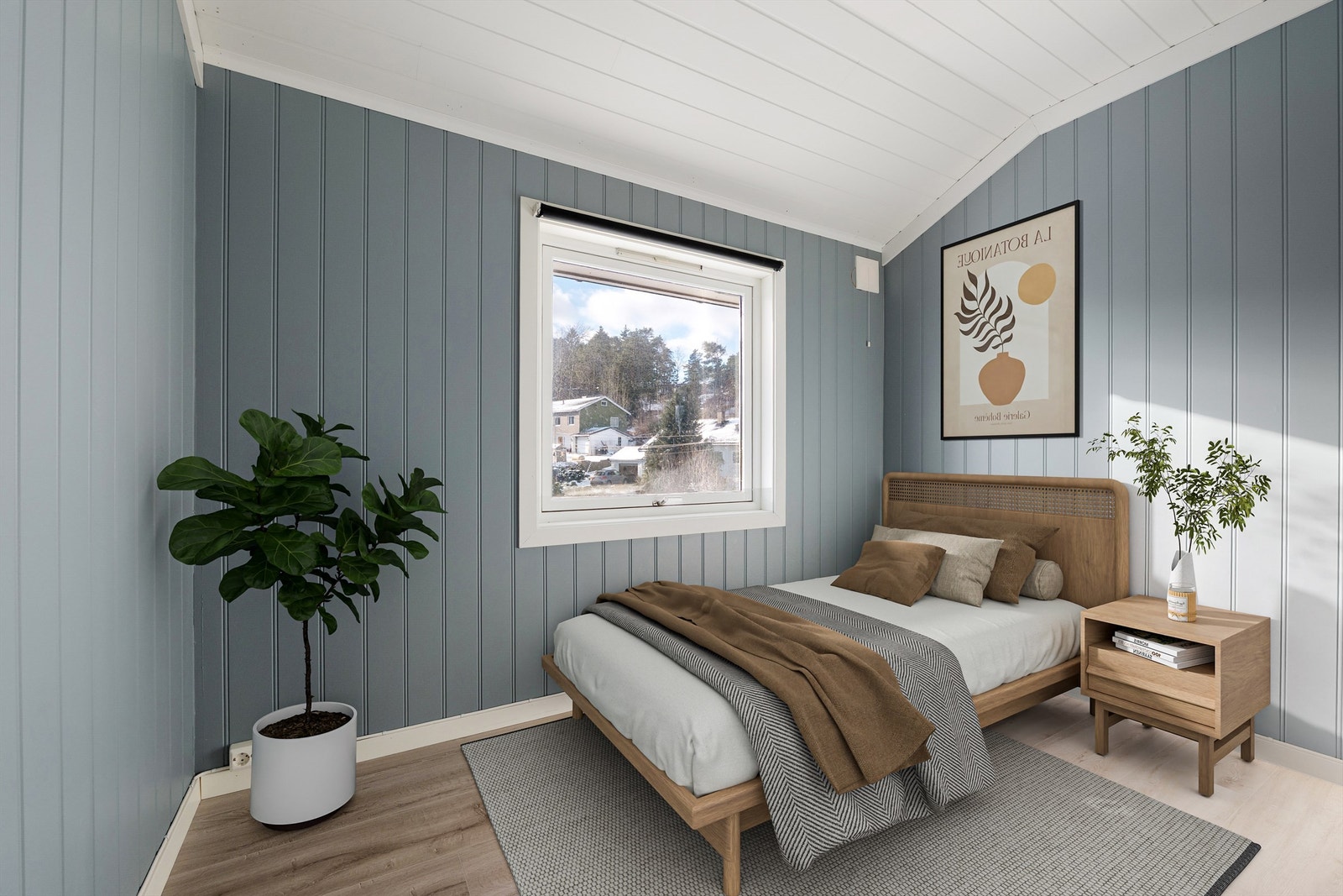 Soverommene har varierende størrelse, dette er mest kompakt og et naturlig barne-/gjesterom. Bildet er digitalt møblert. Galleribilde