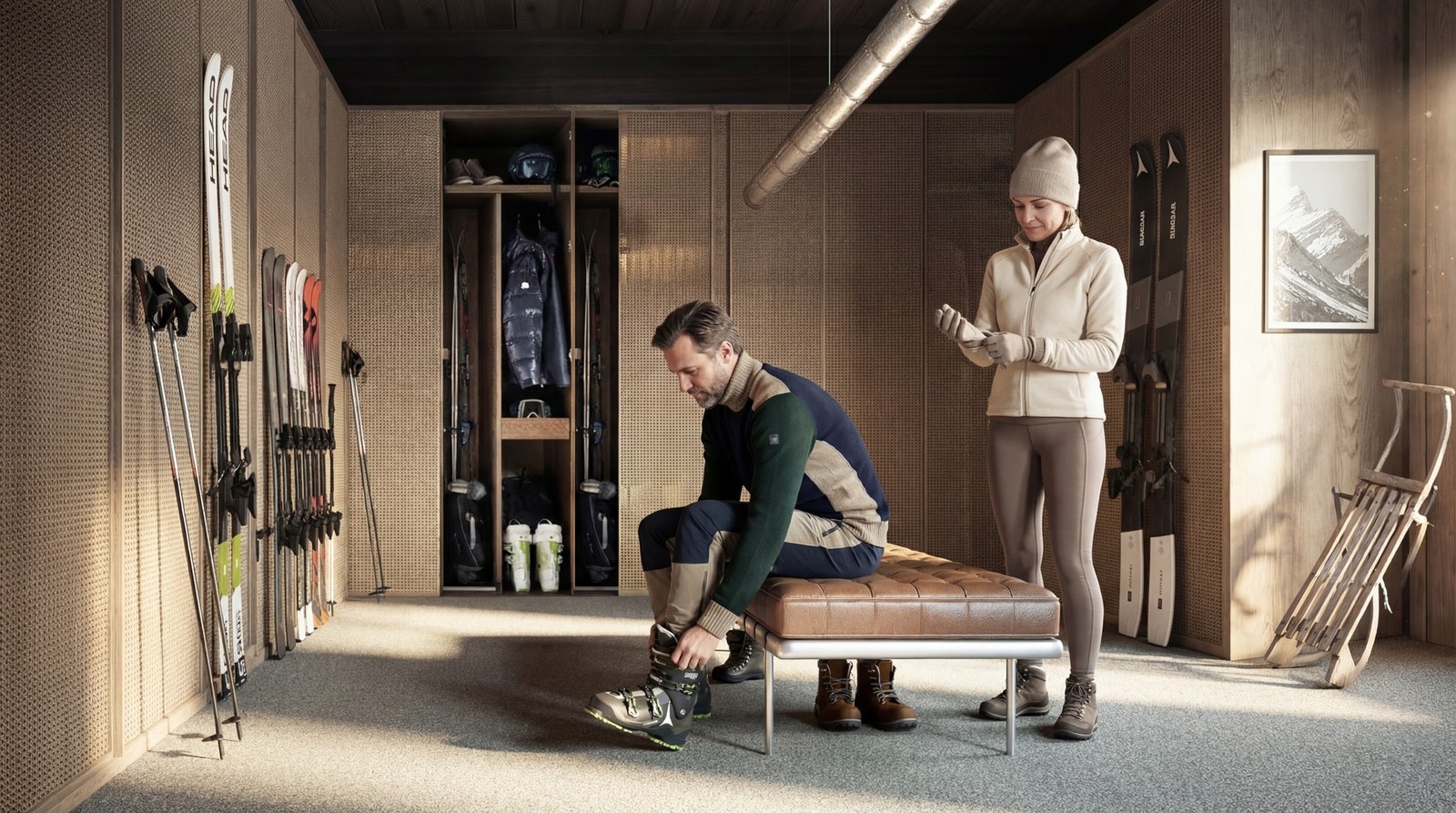 Stor og lekker skigarderobe romslig og gjennomført med plassbygde skap, sittebenk og god plass til alt man trenger til aktive dager Galleribilde