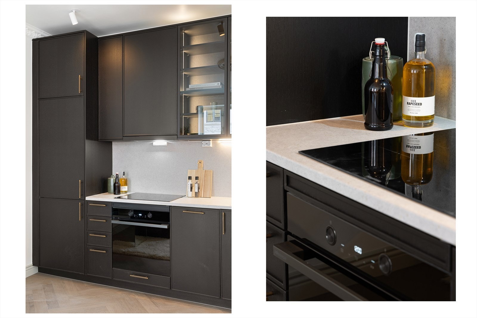 Integrerte hvitevarer med induksjon platetopp, stekeovn, kombiskap (kjøl/frys) og oppvaskmaskin. Galleribilde