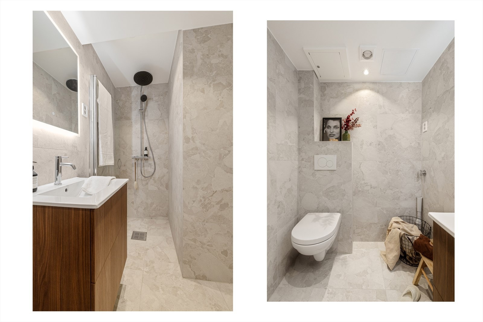 Baderommet har gulvvarme og opplegg for vaskemaskin. Galleribilde