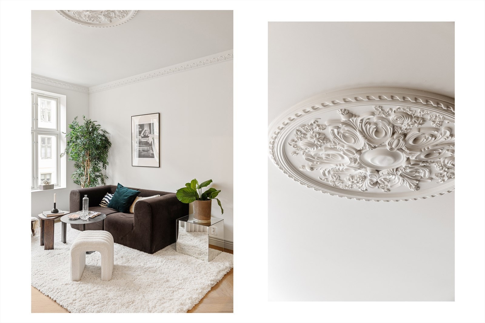 Lekre, klassiske detaljer som stukkatur, rosett og fiskebensgulv. Galleribilde