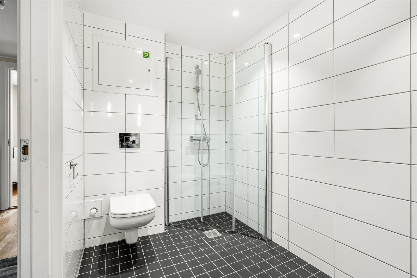 Videre er det montert et dusjhjørne med glassdører, sluk i sone og termostatstyrt blandebatteri. Galleribilde