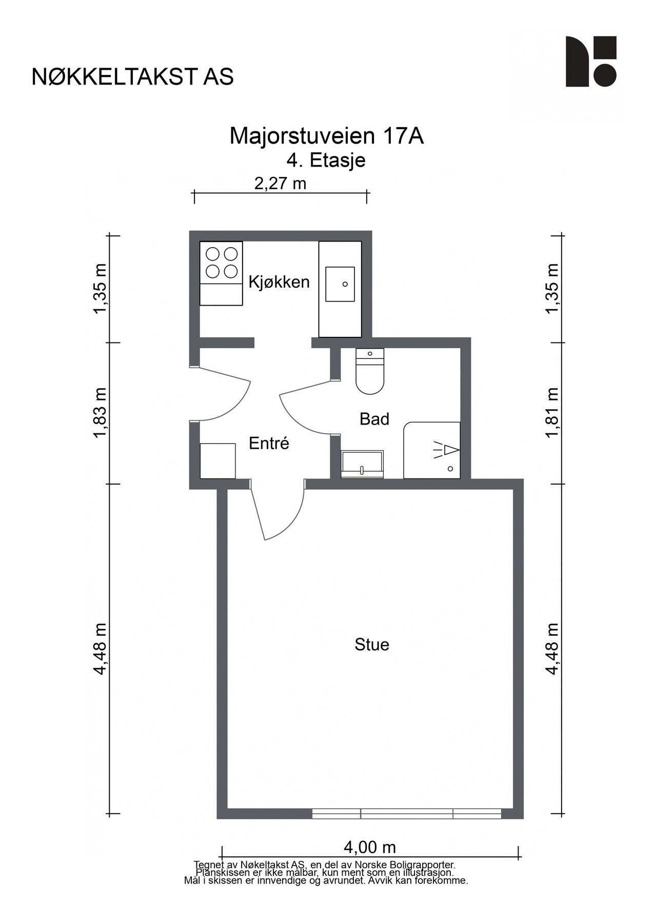 Planskisse 4.etg BRA-i: 27 kvm bestående av entré med kott, romslig stue, separat kjøkken og baderom. To kjellerboder på totalt 3 kvm. Galleribilde