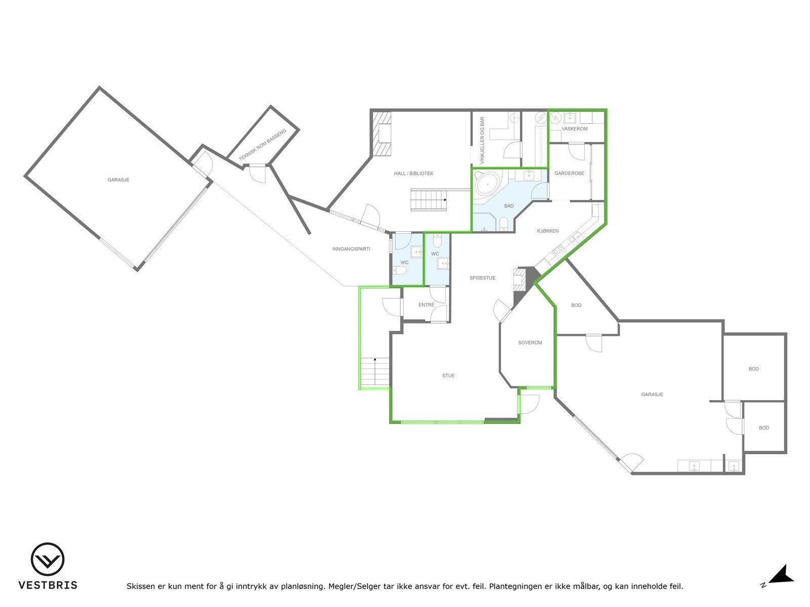 Plantegning underetasje, innenfor grønt felt er det leilighet som leies ut. Galleribilde