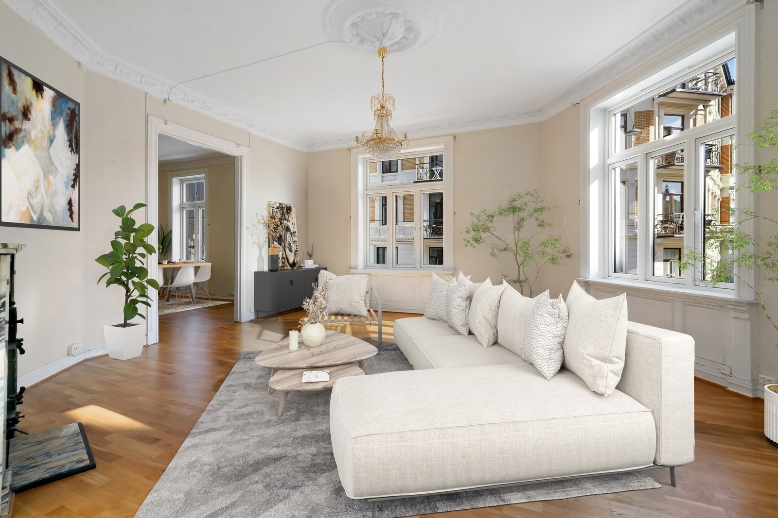 Leiligheten har en god planløsning og byr på store, romslige rom. Bildet er fotostylet og redigert med AI, Bildet er av illustrativ karakter og angir nødvendigvis ikke korrekt gjengivelse av elementer i boligene Galleribilde