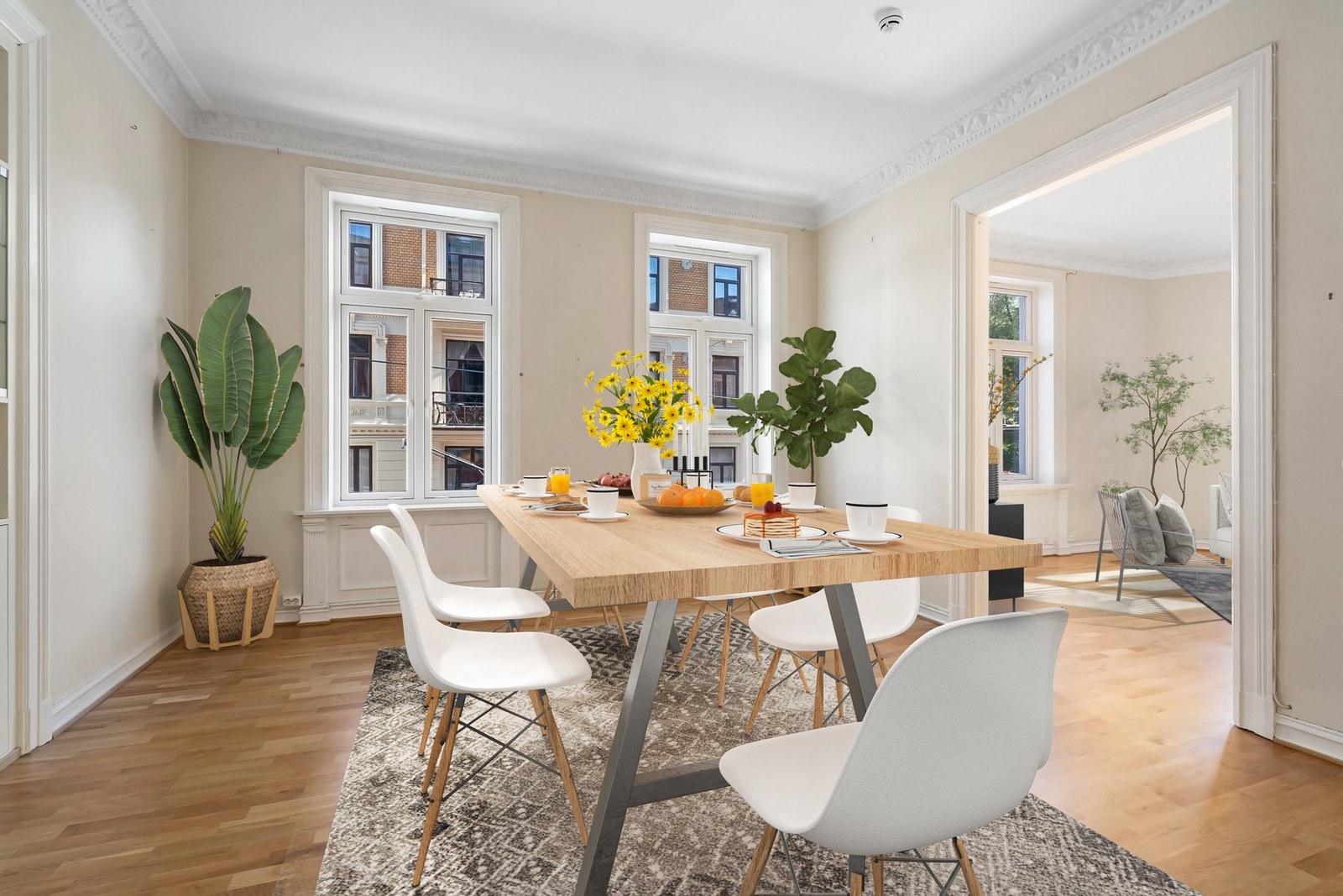 Leiligheten har behov for modernisering, men byr på gode muligheter for å skape ditt drømmehjem. Bildet er fotostylet og redigert med AI, Bildet er av illustrativ karakter og angir nødvendigvis ikke korrekt gjengivelse av elementer i boligene Galleribilde