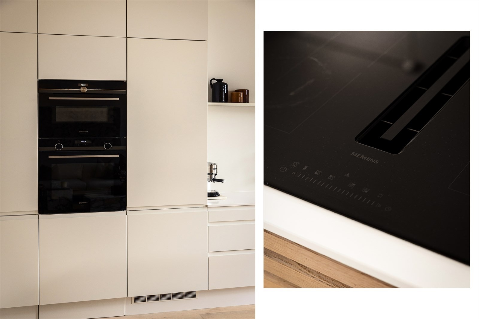 Hvitevarene er integrerte og består av koketopp med integrert kullfiltervifte, ovn, mikro, oppvaskmaskin, vinskap og kjøl/fryseskap. Kjøkkenet er oppgradert med premium ovner og koketopp for den som er glad i matlaging. Galleribilde