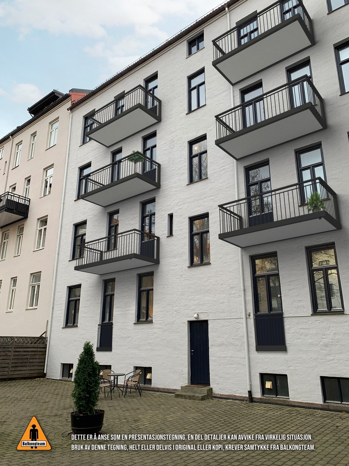 Sameiet har vedtatt etablering av balkonger mot bakgård. For denne leiligheten kan dette innebære mulighet for etablering av balkong med utgang fra soverom 2. Galleribilde