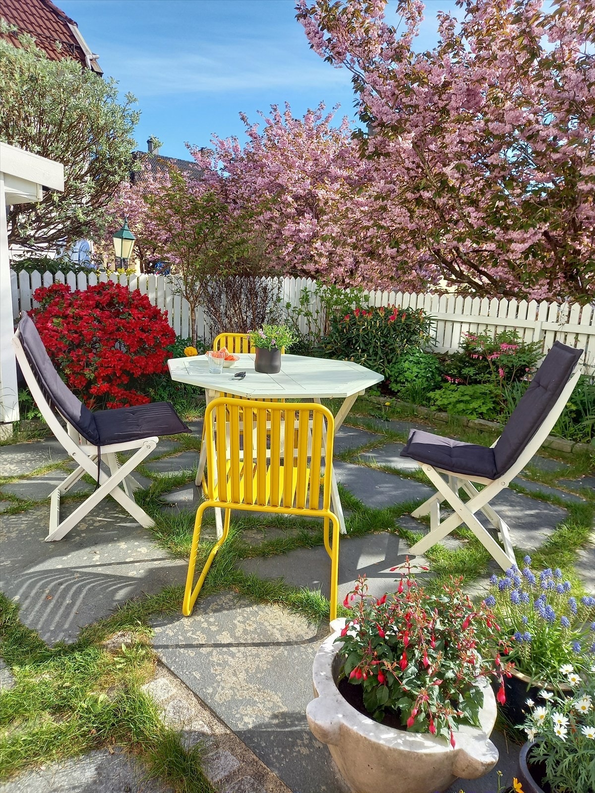 Her bugner det av fargerike blomster som skaper en frodig og innbydende atmosfære rundt boligen. Galleribilde