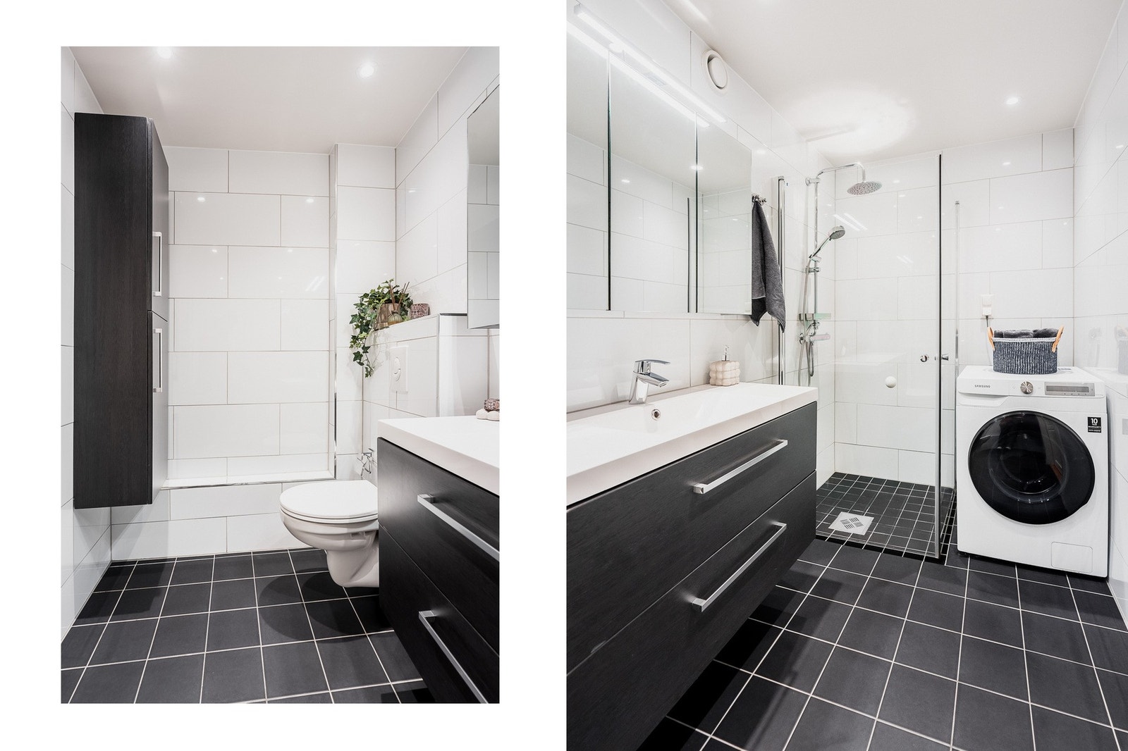 Badet ble totalrenovert i 2017 og fremstår moderne, med fliser, varmekabler og god plass til både dusj og vaskemaskin. Galleribilde