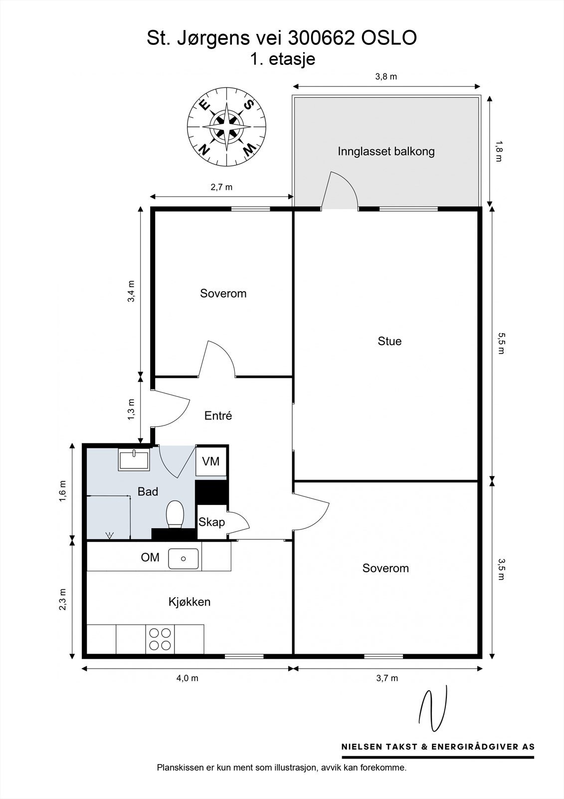 Leiligheten har en arealeffektiv planløsning med separat kjøkken og to gode soverom. Galleribilde