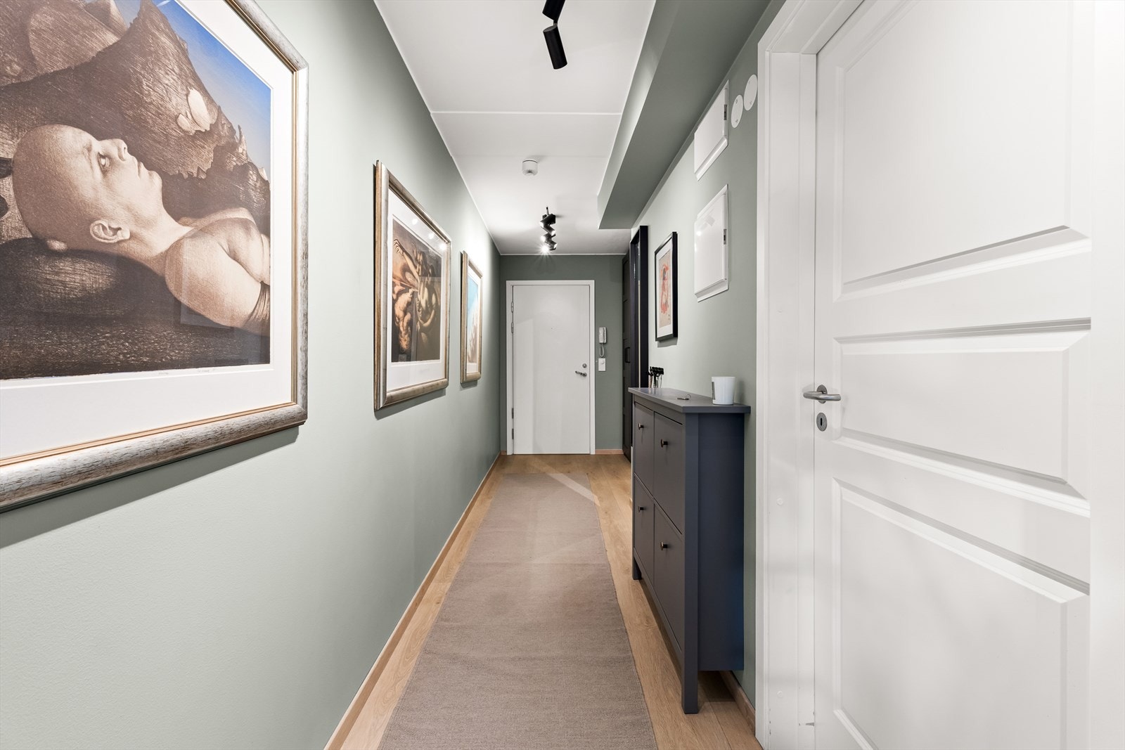 Den åpne og gjennomtenkte planløsningen skaper en sømløs overgang videre inn i leiligheten, og bidrar til et luftig og innbydende førsteinntrykk. Galleribilde