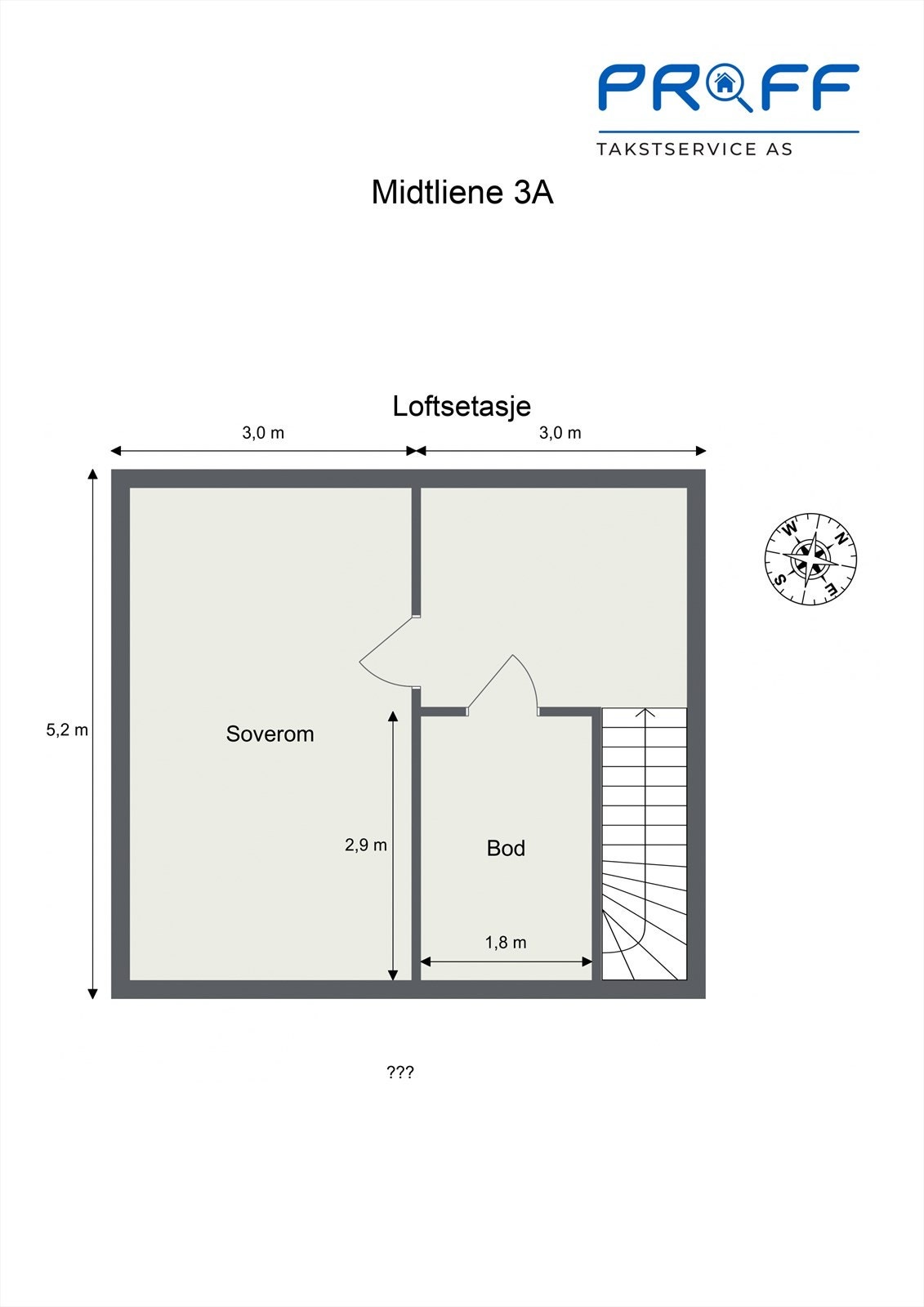 Plantegning loftsetasje. Loftet er godkjent som uinnredet loft, og soverommet er derfor ikke godkjent. Galleribilde