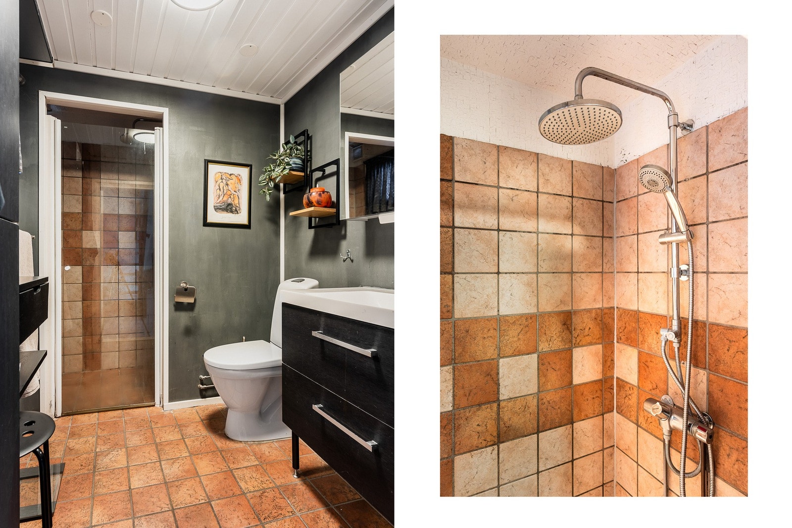 Flislagt bad med dusjnisje. Baderomsinnredning ble skiftet ut i 2017. Galleribilde