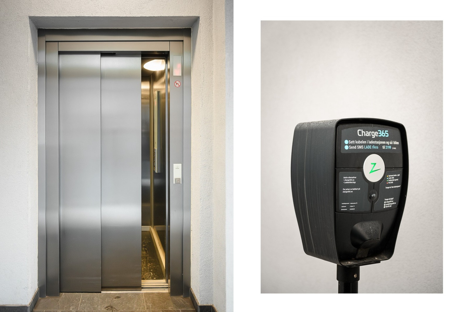 Moderne kvaliteter som heis og elbil-lader. Galleribilde