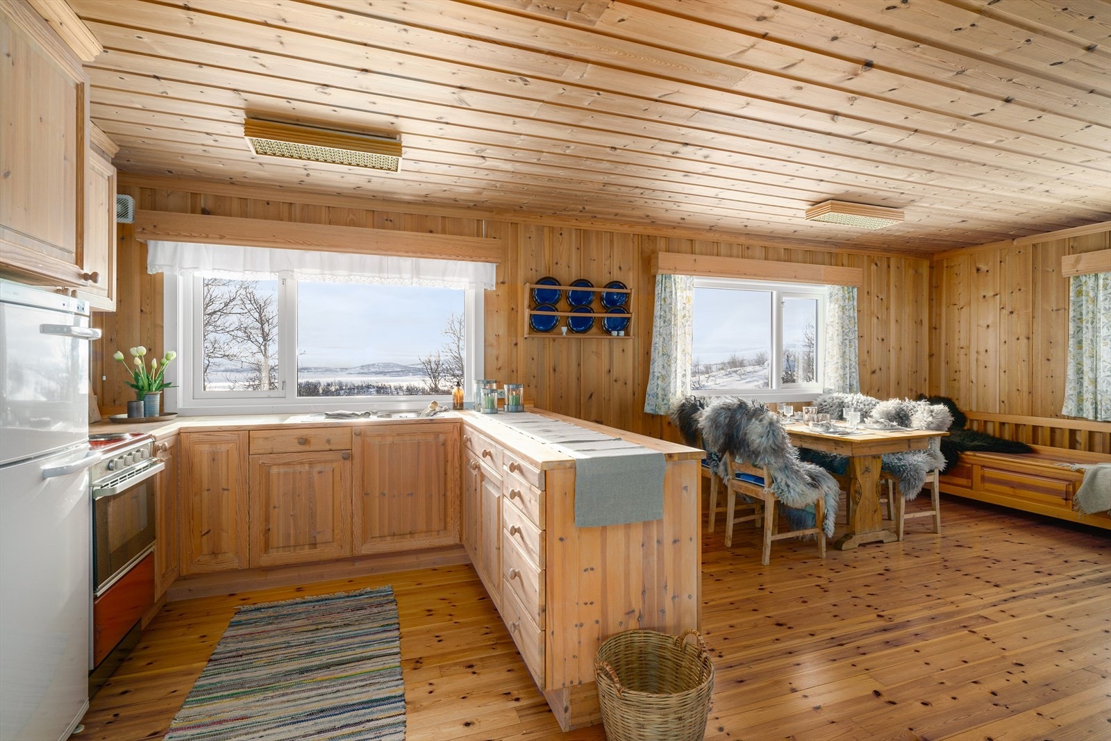 Hytta har ikke innlagt vann, men vann til hyttevegg hele året. Det er gråvannutslipp fra kjøkkenvask. Galleribilde