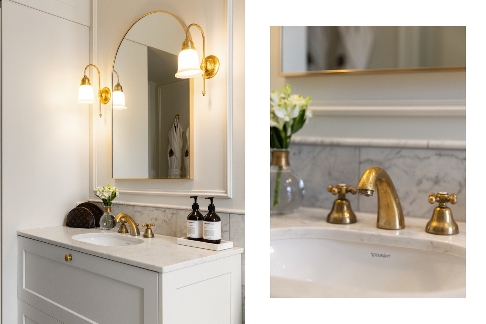 Badet er innredet med veggmontert toalett, dusjnisje, servant og et klassisk badekar i støpejern, som tilfører rommet et solid og tidløst preg. I tillegg er det praktisk opplegg for vaskemaskin. Galleribilde