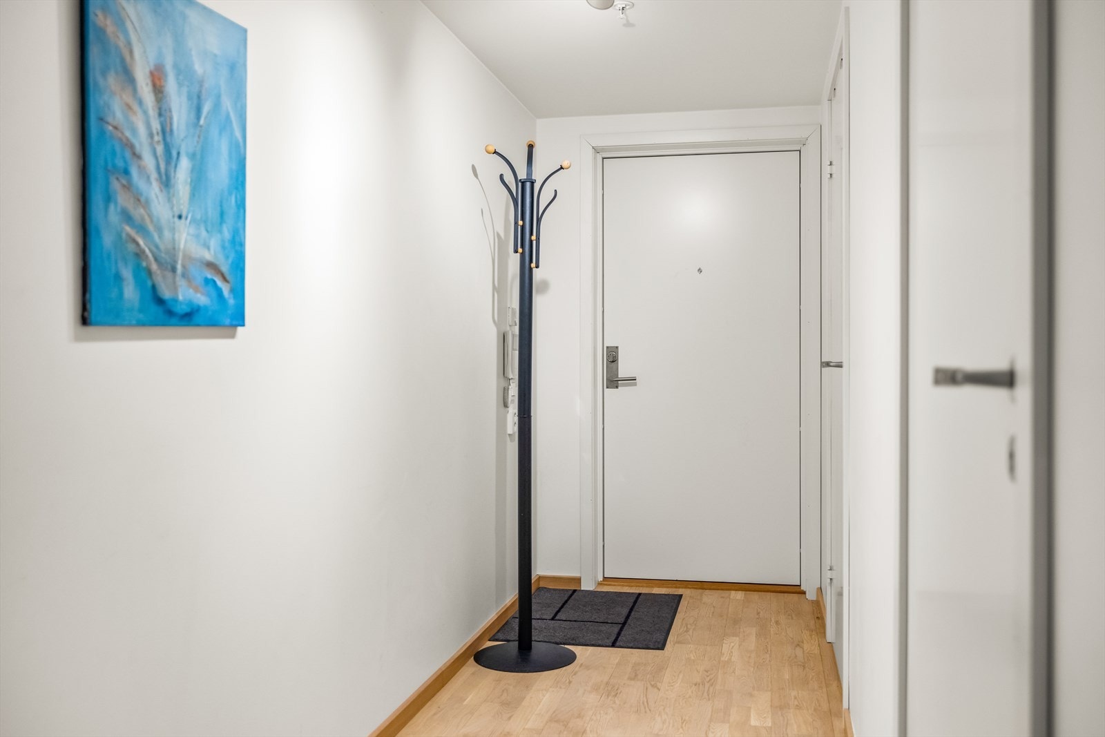 Lys og langstrakt entré med plass til yttertøyet. Leiligheten er tilkoblet callinganlegg. Galleribilde