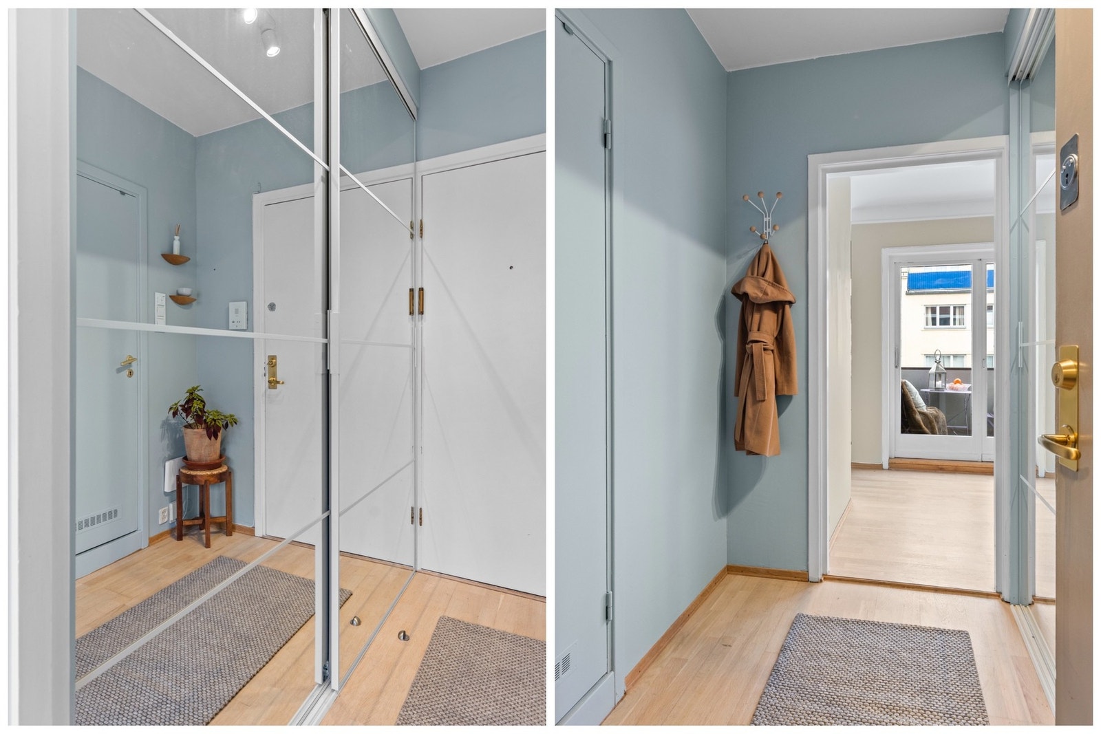 Yttertøy, sko og utstyr kan ryddes vekk i en stor og romslig skyvedrøsgarderobe med speilfronter. Galleribilde