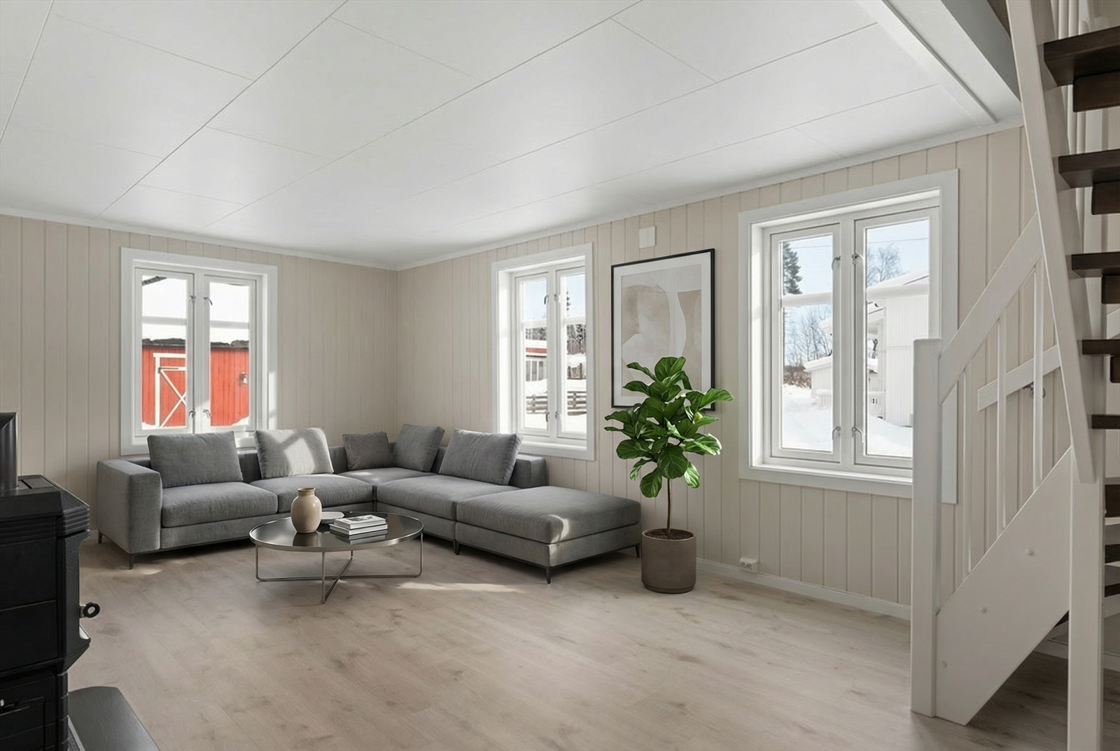 Stuen tilpasses fint til egne behov og gir plass til både sofaområde og spisestue om ønskelig. (Digital styling) Galleribilde