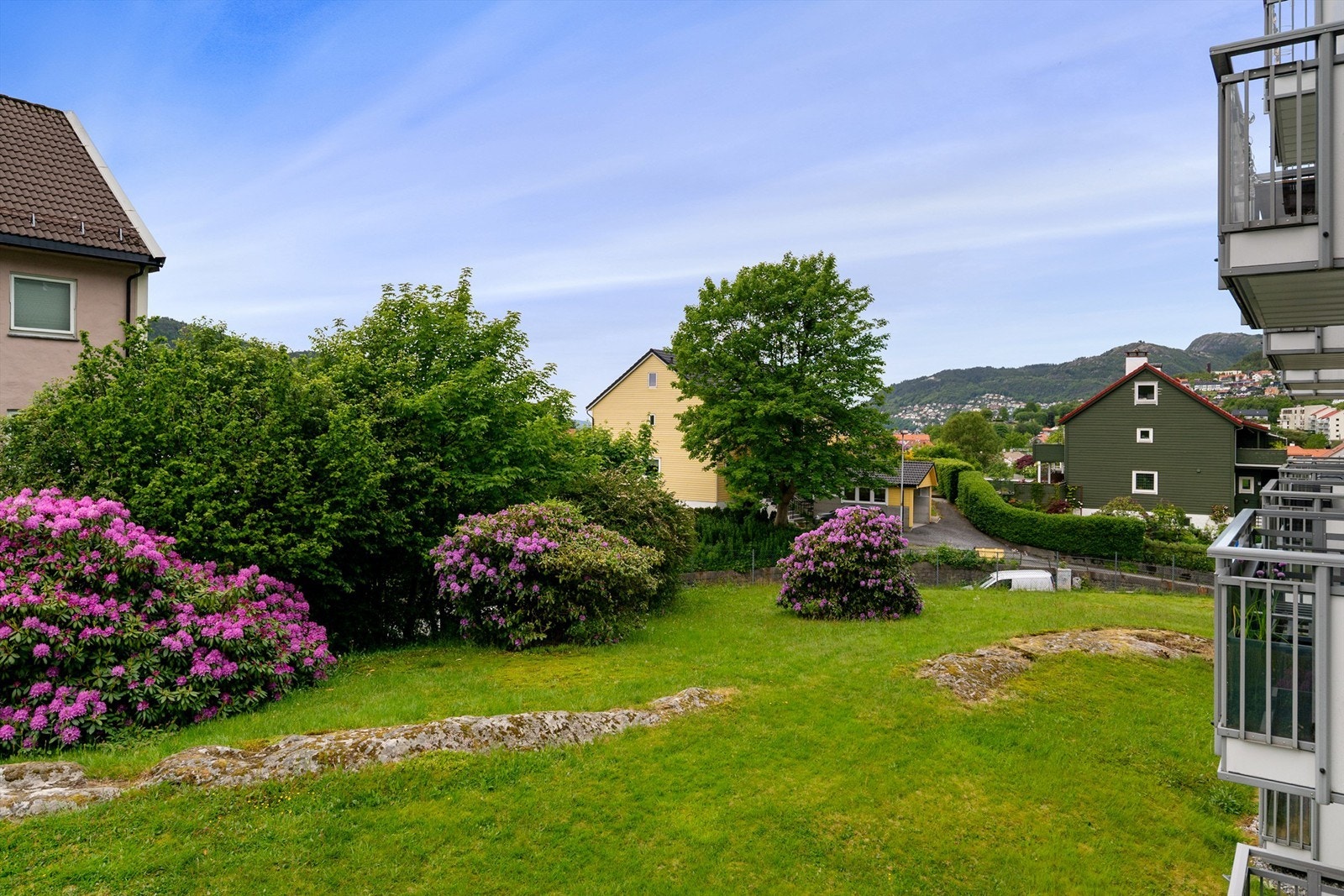 - Om sommeren ser uteområdene slik ut. Nydelige farger med flere nydelige rhododendronbusker på borettslagets tomt - Galleribilde