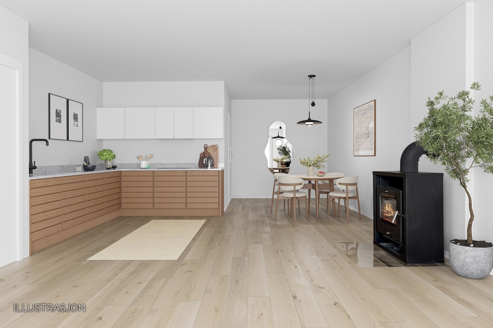 Illustrasjon av alternativ planløsning med etablering av nytt kjøkken. Dette vil gi et praktisk og effektivt oppholdsrom Galleribilde