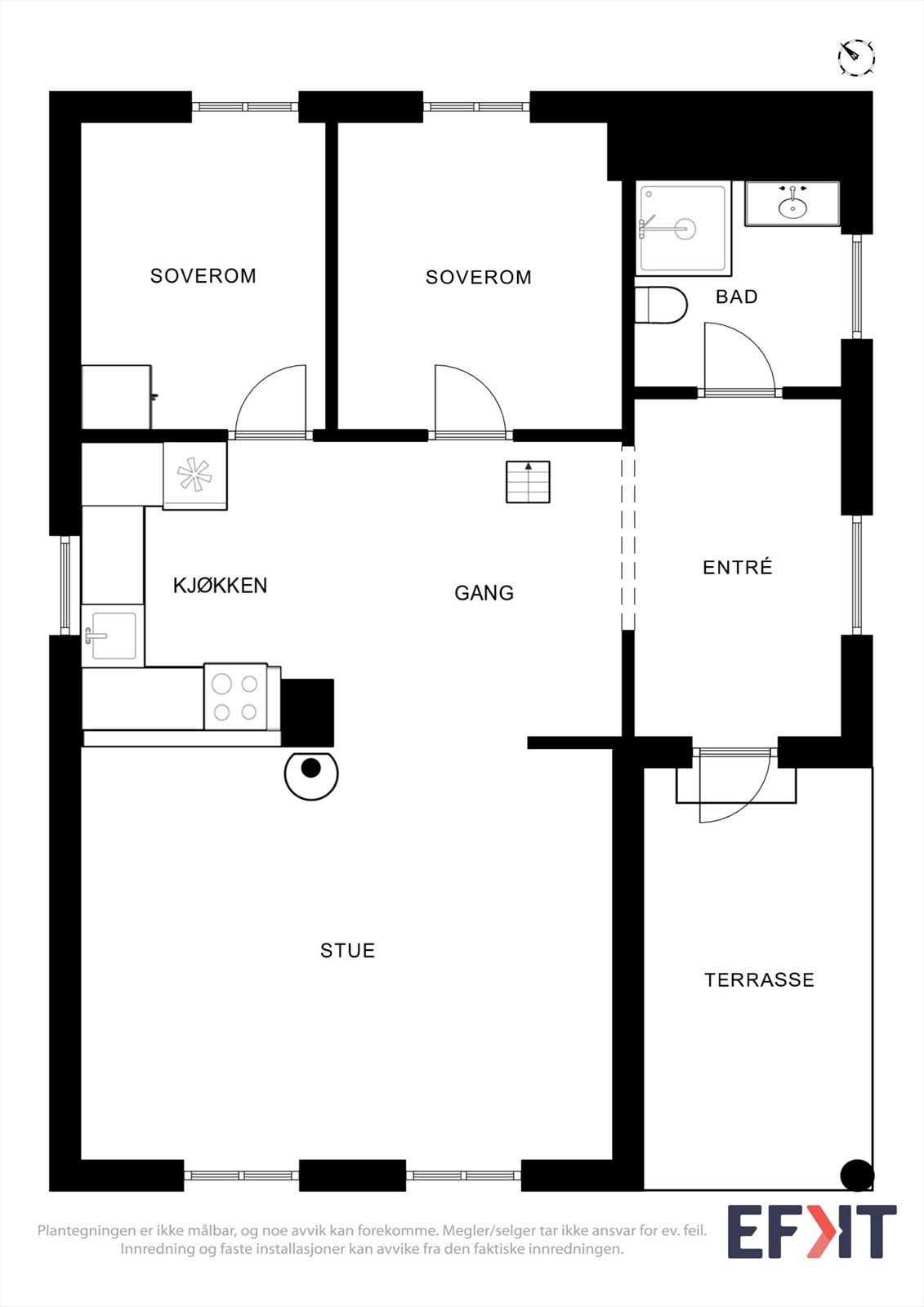 Hytta har en arealeffektiv planløsning med åpen stue- og kjøkkenløsning, to soverom og et hygienerom. Galleribilde