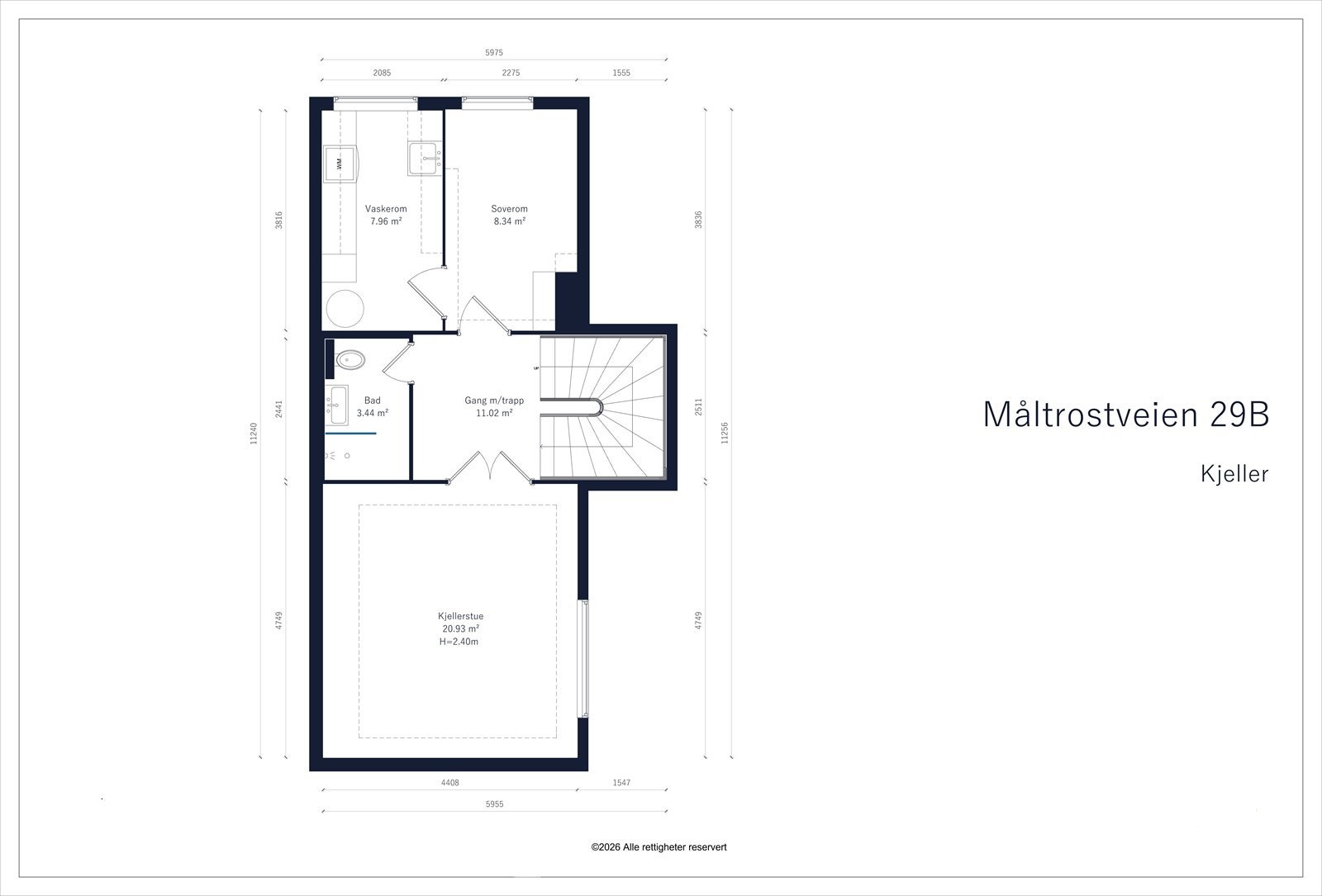 Planskisse kjeller. I tillegg bod (ikke tegnet inn) tilstøtende kjellerstue med adkomst fra utvendig/ inngangsparti. Galleribilde