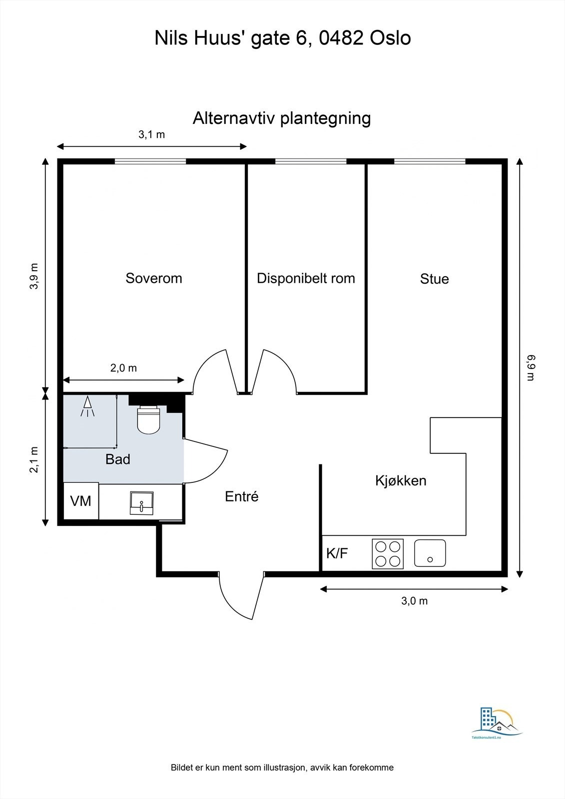 Alternativ planløsning hvor dagens romslige stue er delt inn i to rom. Dette er kun ment som inspirasjon. Kjøper er selv ansvarlig for utføring og risiko forbundet med eventuell omgjøring. Galleribilde