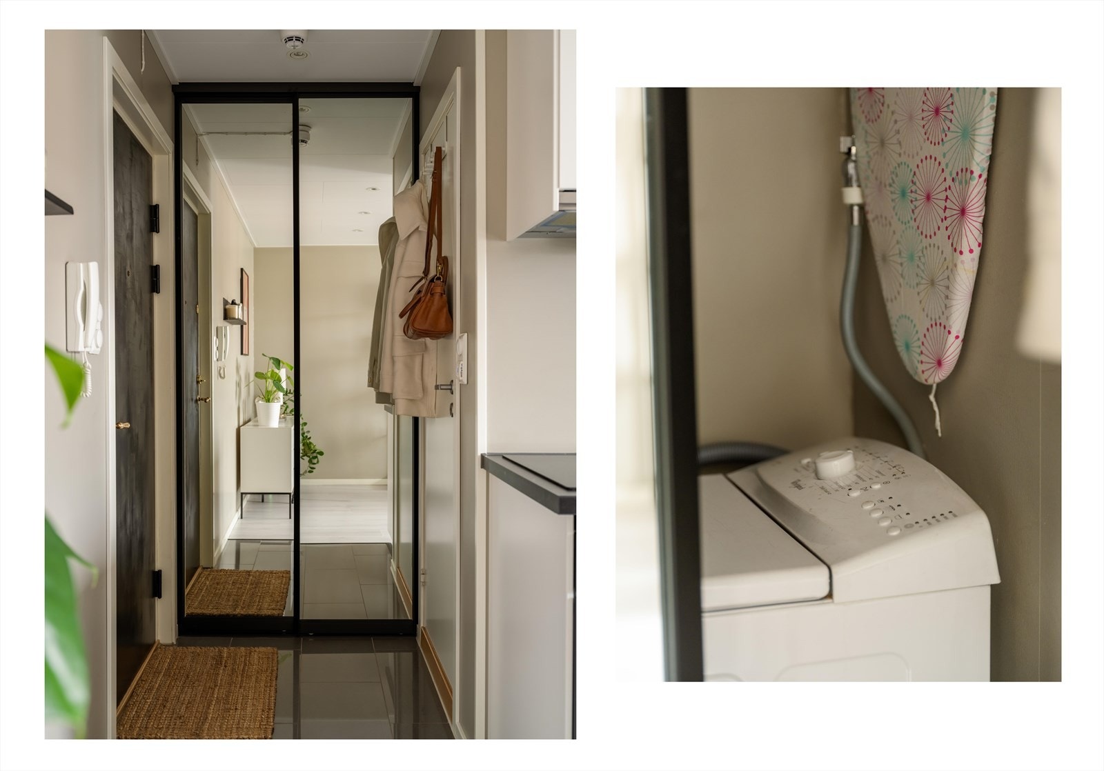 Skyvedørsgarderobe med speil for oppbevaring i entréen. Opplegg for vaskemaskin i garderobeskap i leilighetens gang. Galleribilde