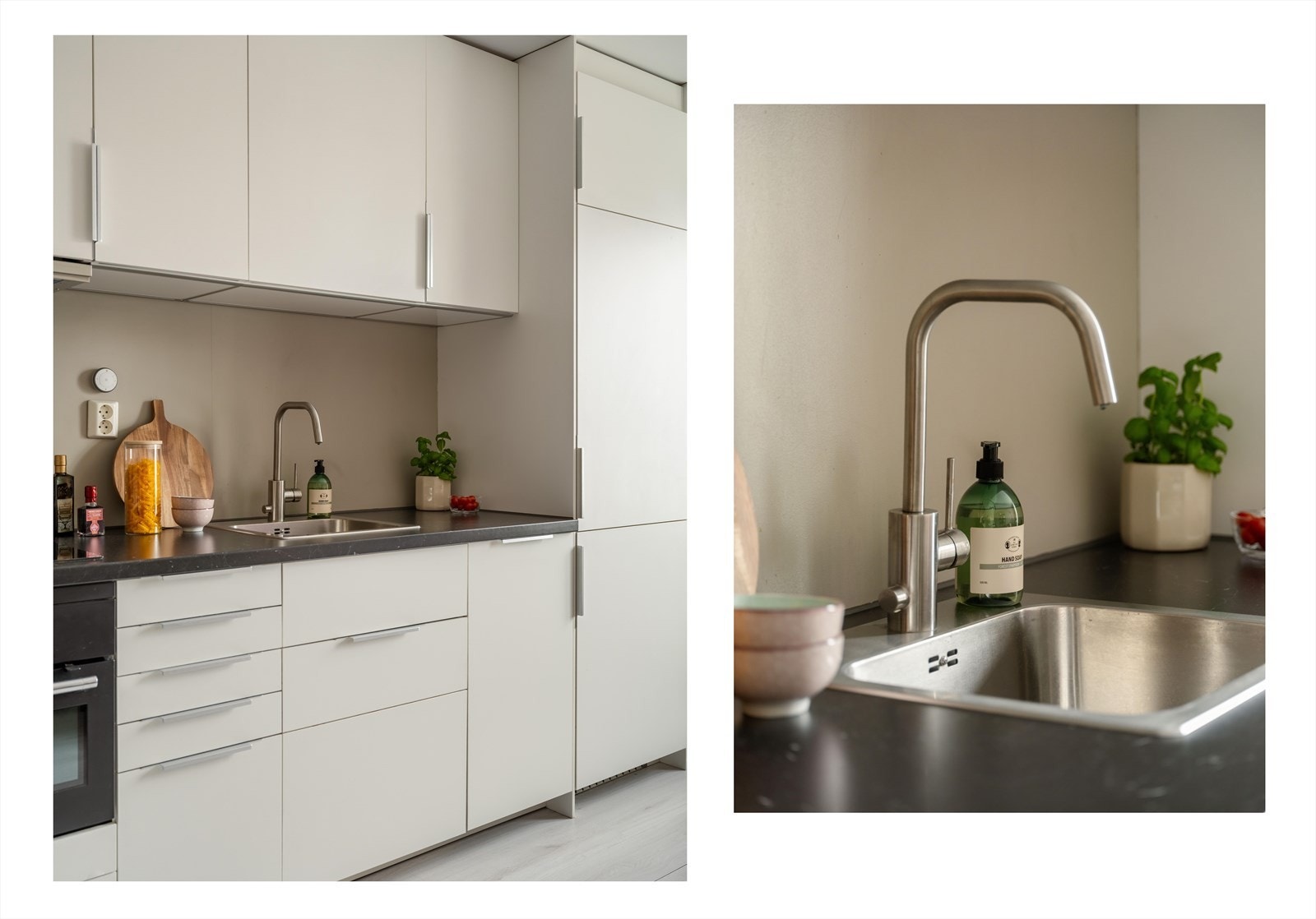 Rikelig med oppbevaringsplass i takhøye overskap og skuffer. Galleribilde