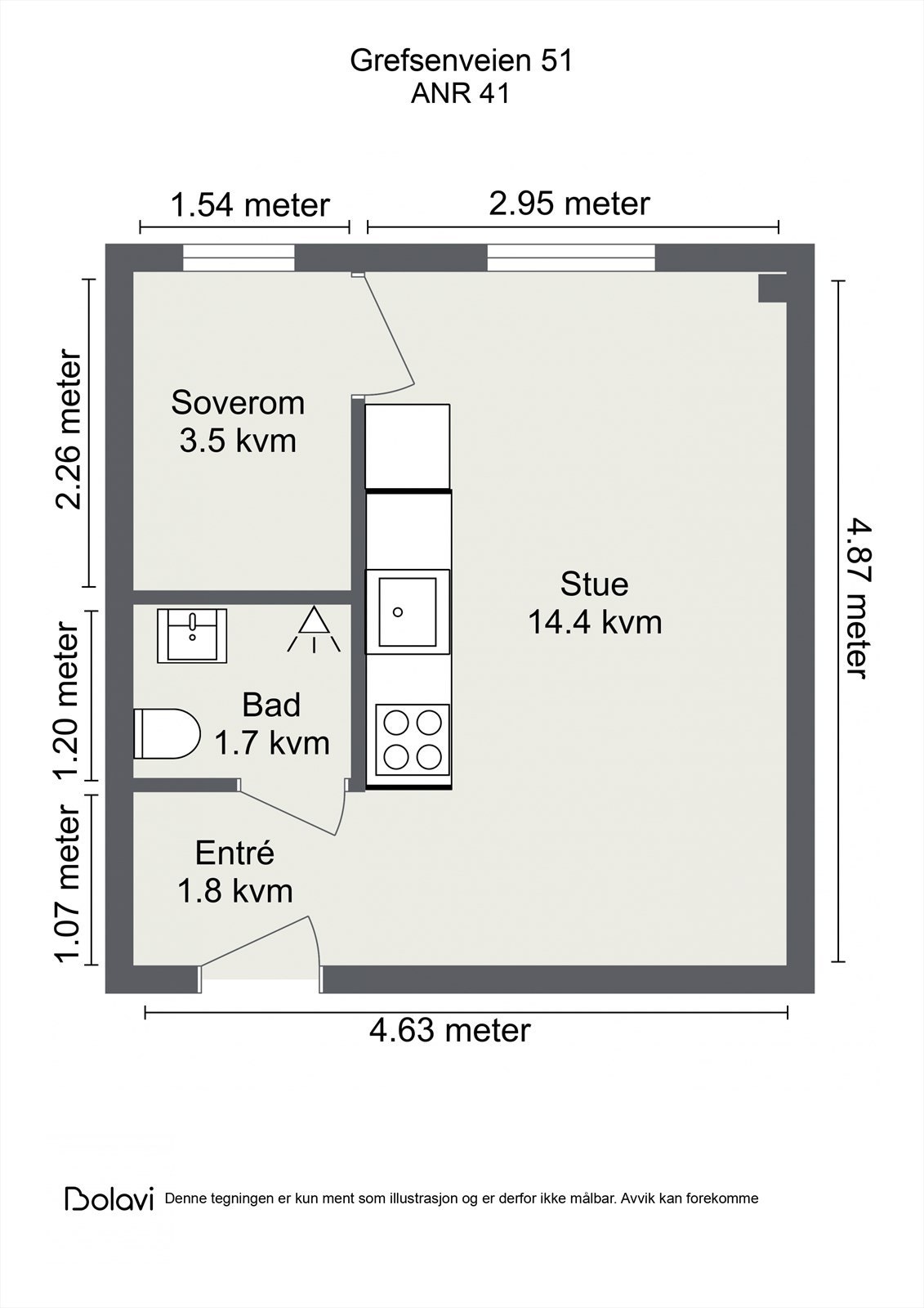 Leiligheten inneholder stue/kjøkken, soverom og bad og entré. I tillegg disponerer leiligheten bod på loft. Galleribilde