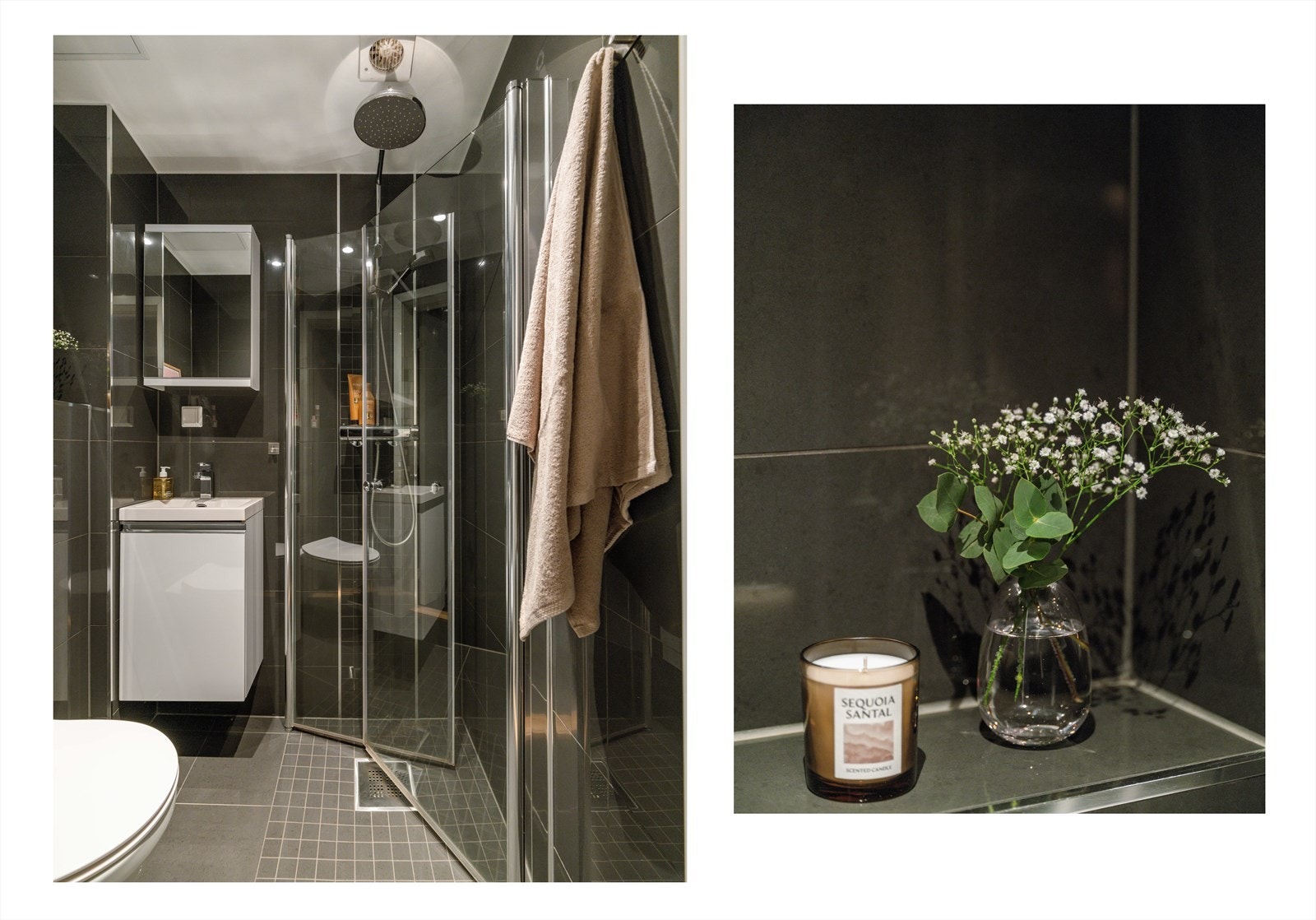 Dusj med glassvegger og vegghengt toalett gir en effektiv utnyttelse av baderommet. Galleribilde