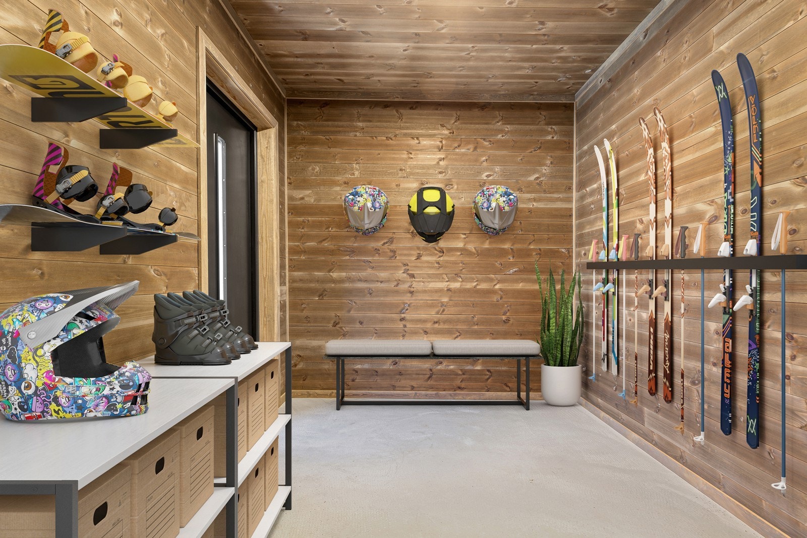 Innvendig bod med slitesterkt gulv og flere alternativer for møblering - Her kan du innrede egen skistall, oppbevare ved, vinterleker, sykler mm (Digitalt stylet bilde) Galleribilde