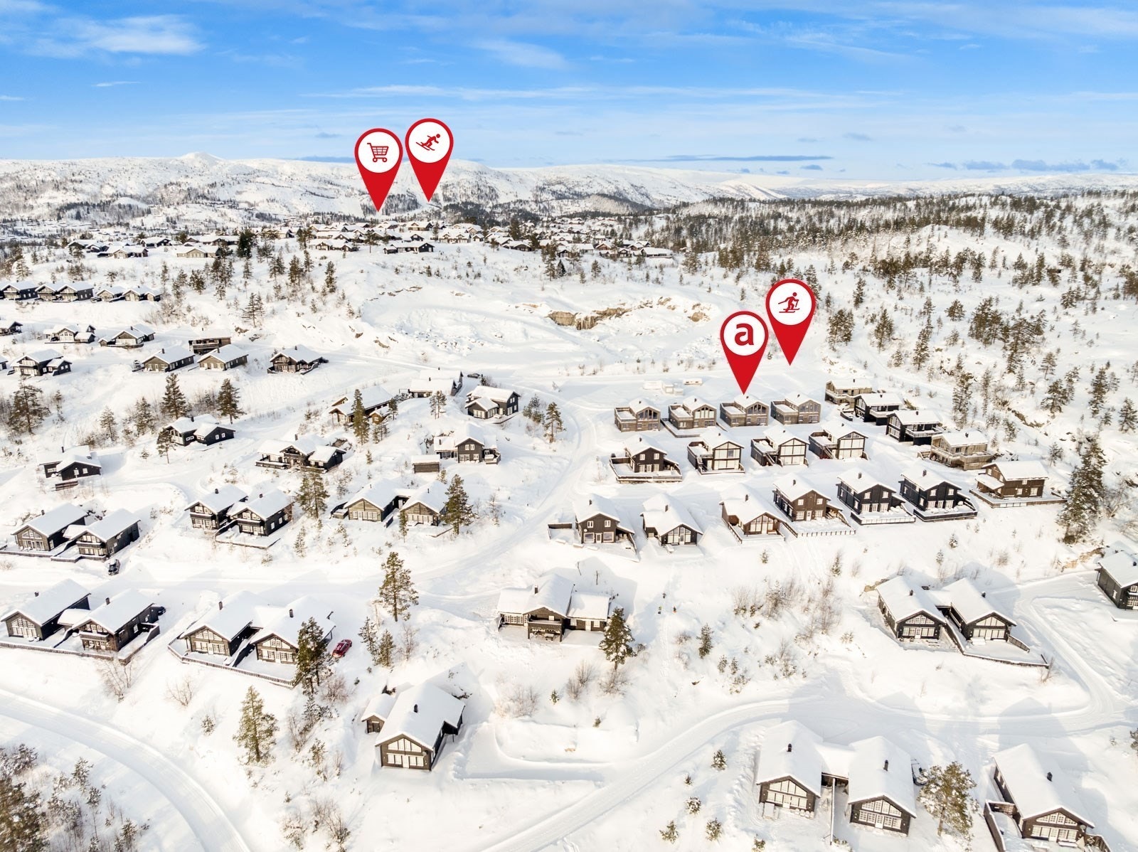 Her ser du avstanden til butikk, skistadion med slalombakke og selvsagt langsrennsløypa rett utenfor døra! Galleribilde