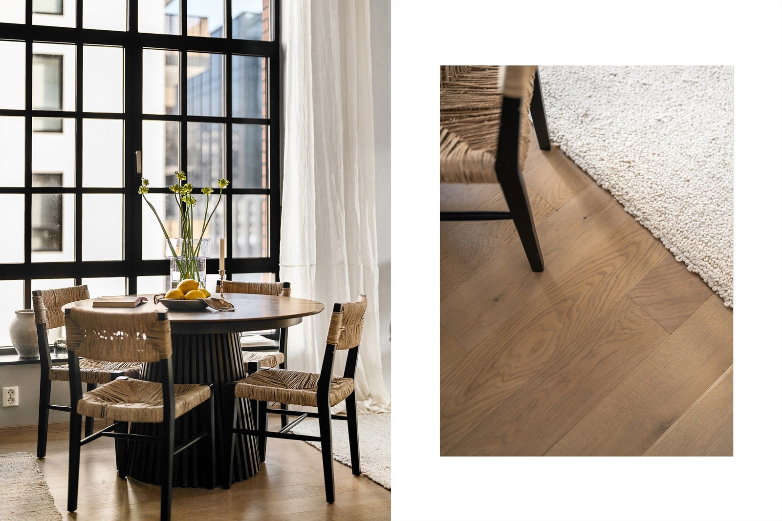 Glatte overflater i delikate farger og 1-stavs eikeparkett bidrar til den flotte romfølelsen. Galleribilde