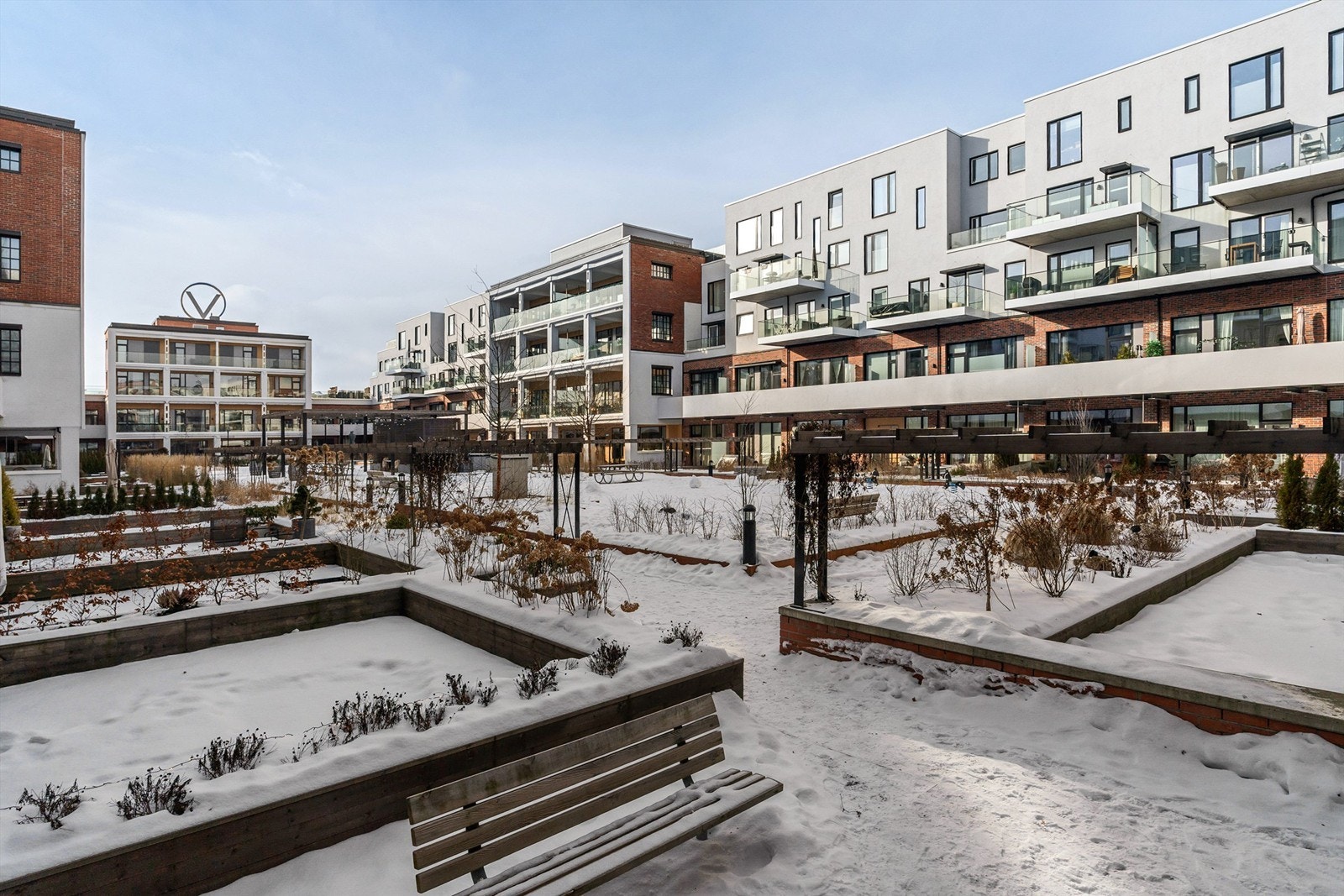 Felles bakgård, opparbeidet med plen, beplantninger, sosiale soner og lekeområder. Galleribilde