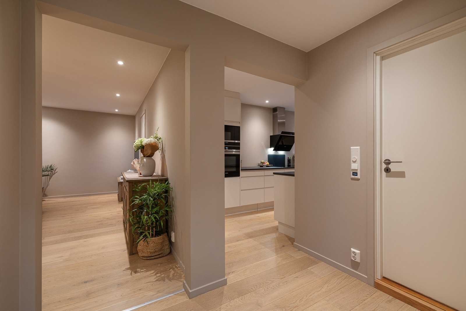 Entréen fungerer som et naturlig bindeledd til resten av leilighetens rom. Galleribilde