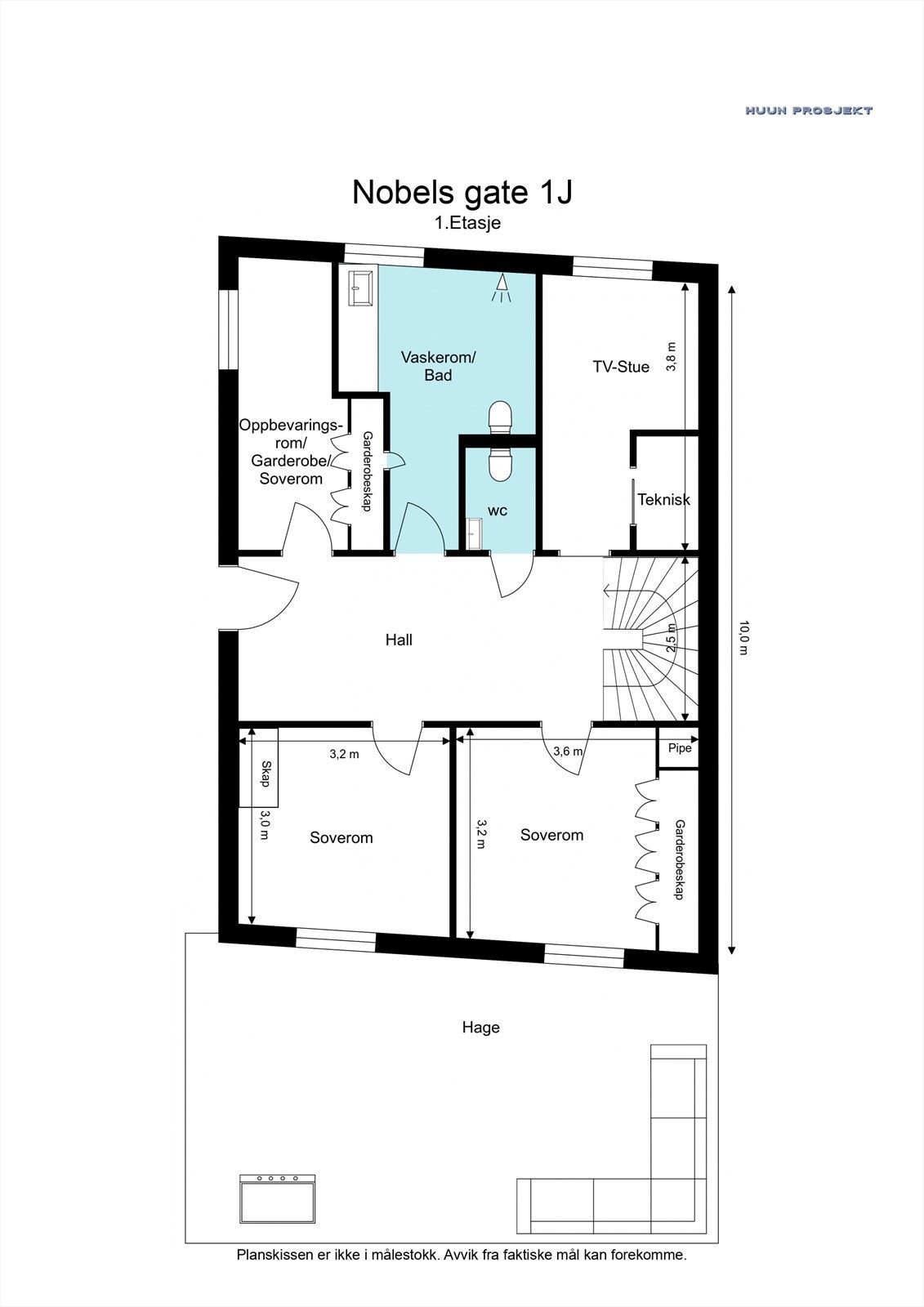 Plantegning 1. etg - 2(3) soverom, TV-stue, vaskerom og gjeste WC samt masse lagring - Varmekabler Galleribilde