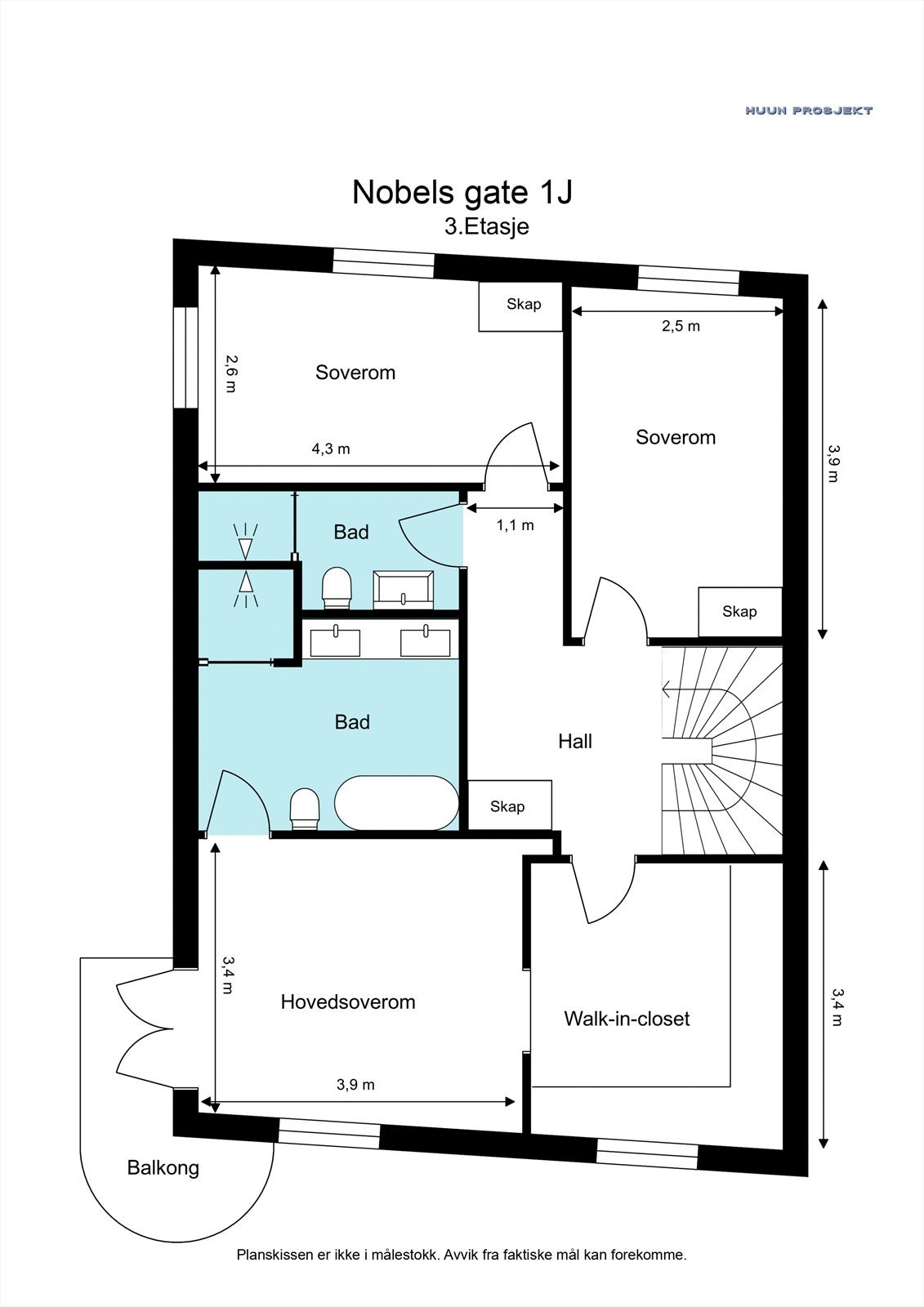 Plantegning 3. etg - Tre gode romslig soverom med garderober samt romslig walk-in til master - Vannbåren gulvvarme Galleribilde