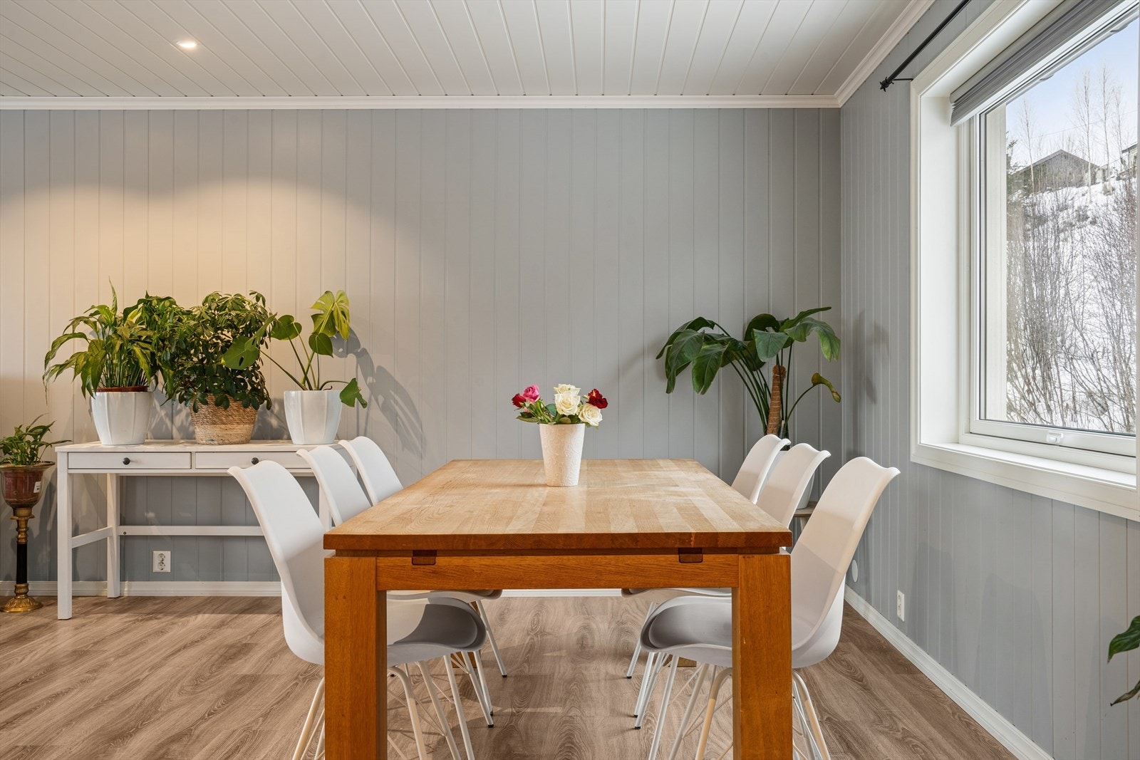 Malt MDF veggplater og malte MVF takplank (store deler fra 2021-2024). Laminatgulv (store deler fra 2021-2022). Galleribilde