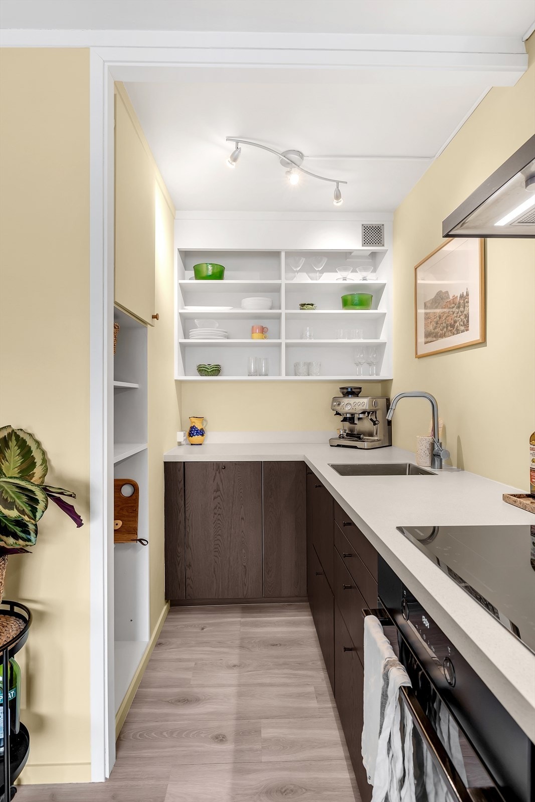 Innredningen har glatte fronter, laminert benkeplate med oppvaskkum og 1-greps blandebatteri, og ventilator med kullfilter. Galleribilde