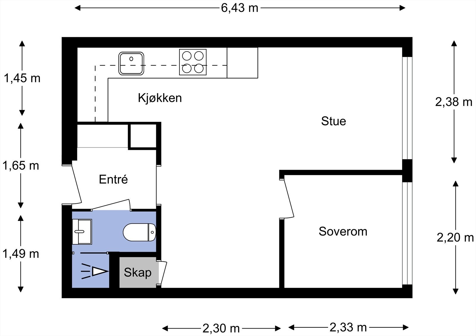Leiligheten ligger i 5. etasje og inneholder entré, stue/kjøkken, soverom og bad. I tillegg disponerer leiligheten 2 kjellerboder. Det jobbes med at leiligheten skal få mulighet til å ha balkong. Ta kontakt med megler for ytterligere informasjon. Galleribilde