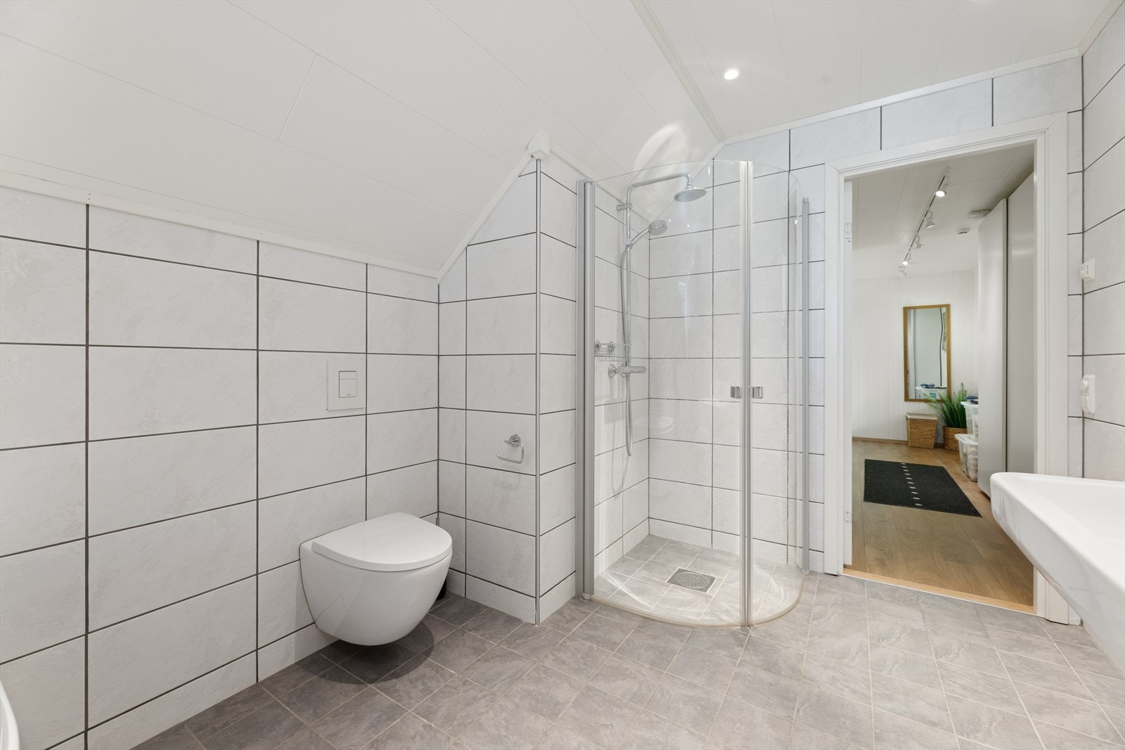 Dusjhjørne med regndusj og hånddusj, samt vegghengt toalett. Galleribilde