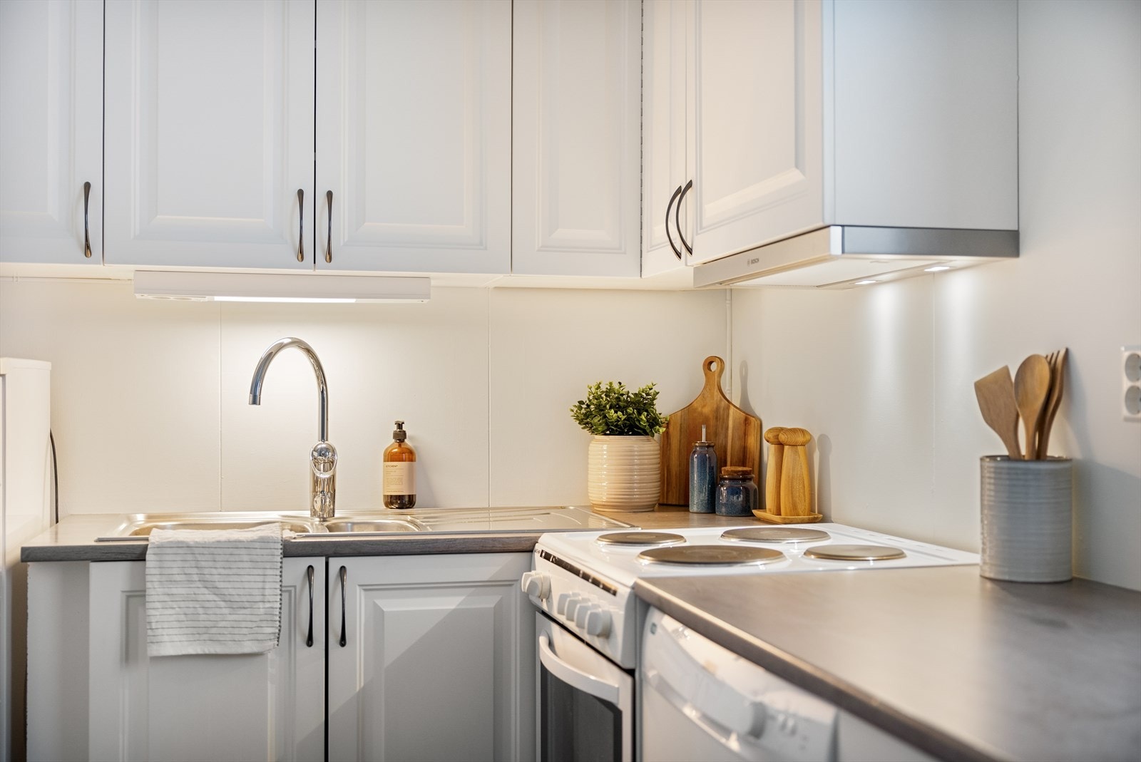 I innredningen er det frittstående komfyr, oppvaskmaskin og kjøl/frys. Galleribilde